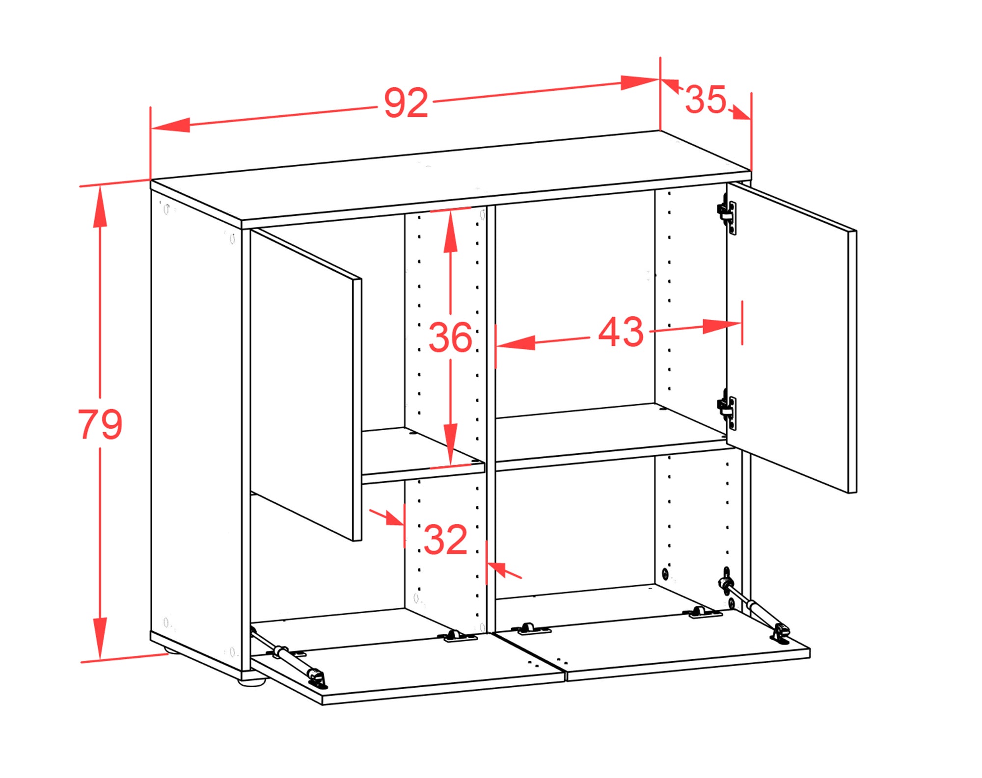 Sideboard - Cara - Design Farbakzent - Freistehend mit Push to open  92 cm Weiss