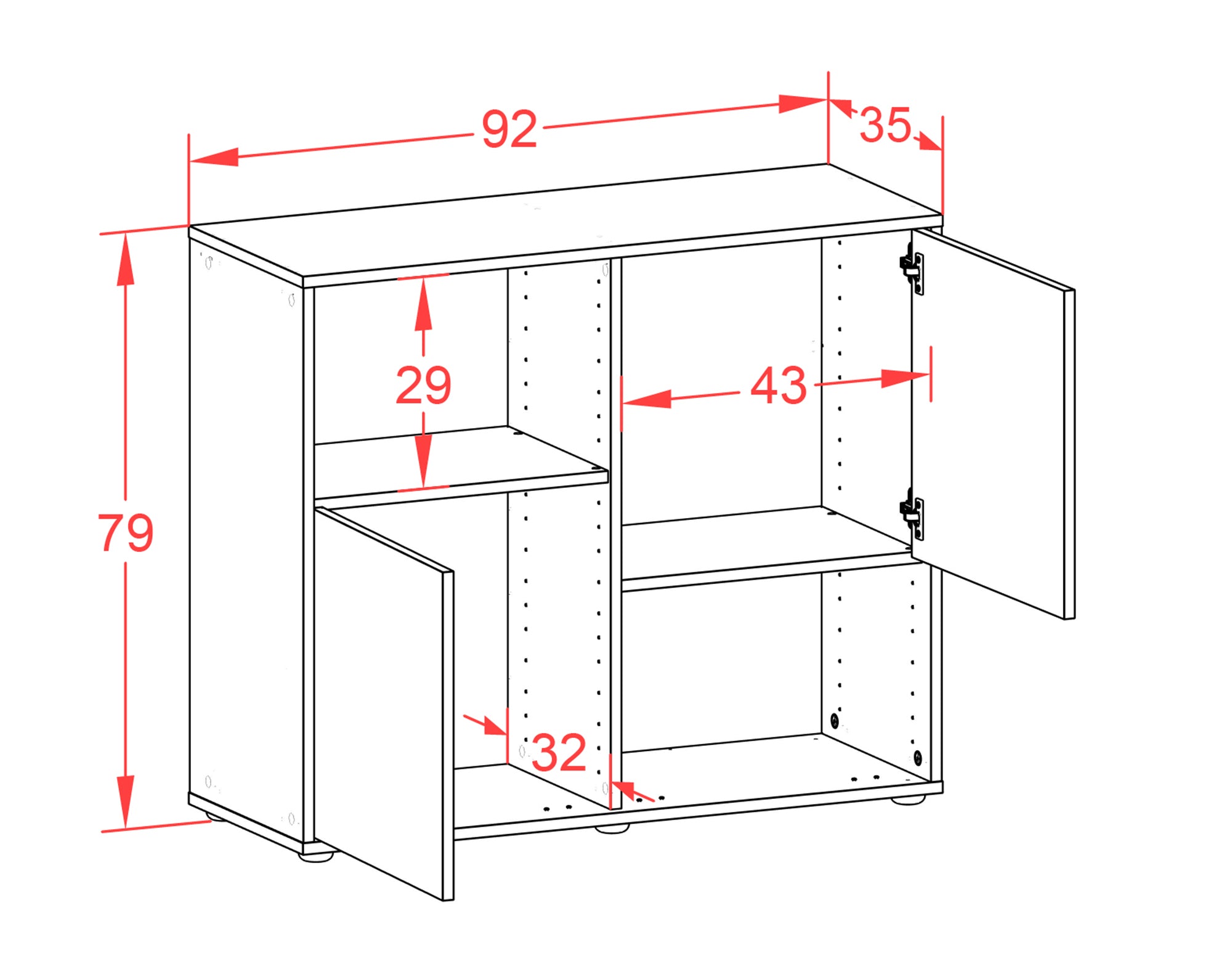 Sideboard - Caralina - Design Holzdekor - Freistehend mit Push to open  92 cm Weiss