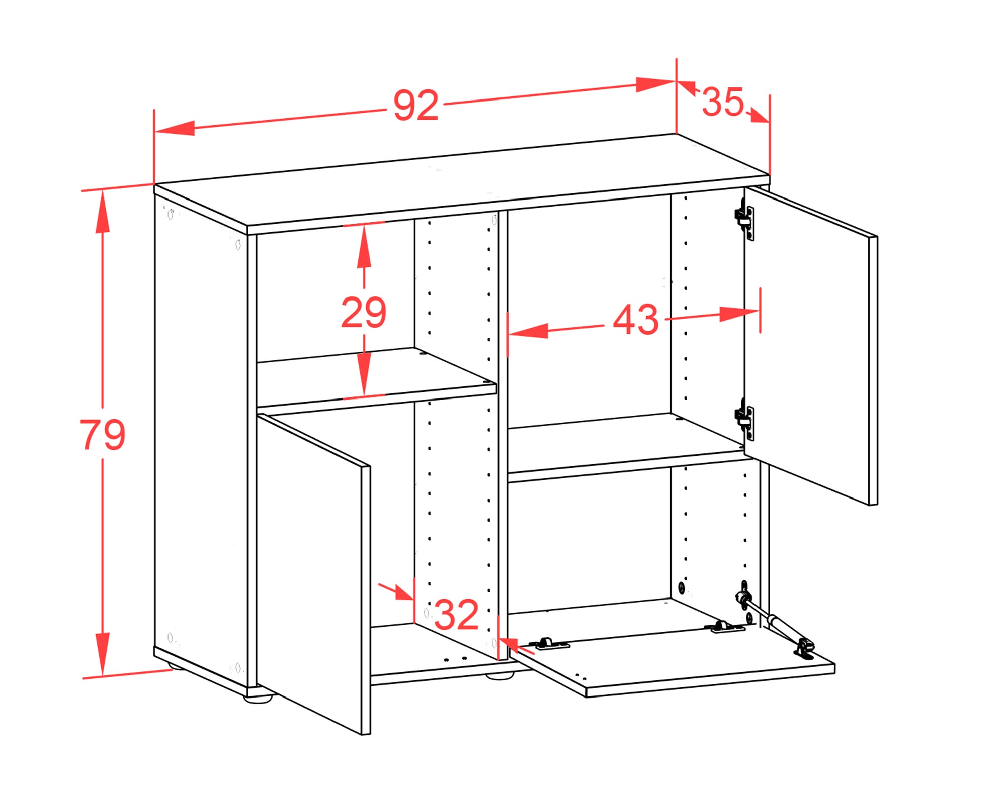 Sideboard - Carina - Design Holzdekor - Freistehend mit Push to open  92 cm Anthrazit