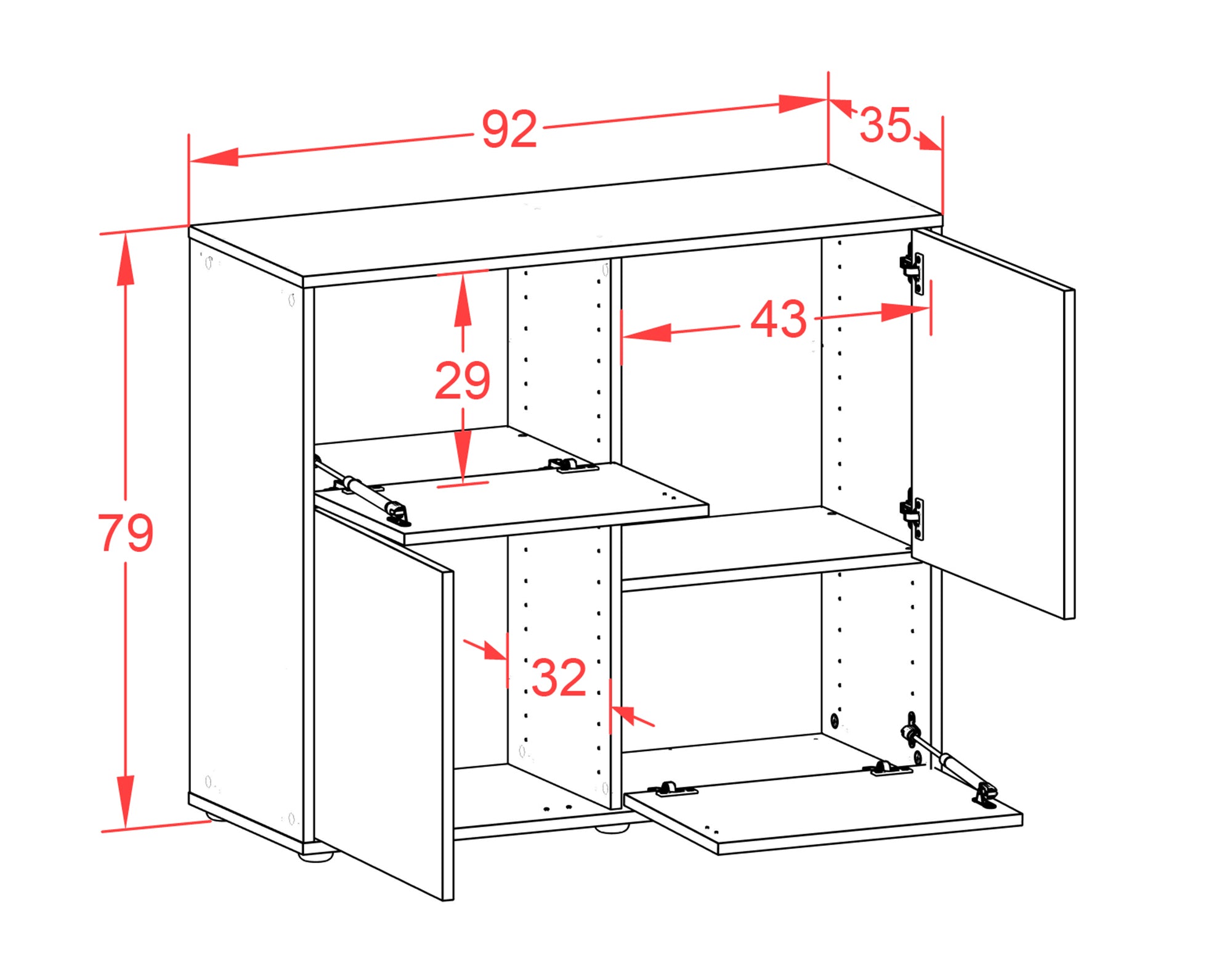 Sideboard - Carla - Design Hochglanz - Freistehend mit Push to open  92 cm Anthrazit