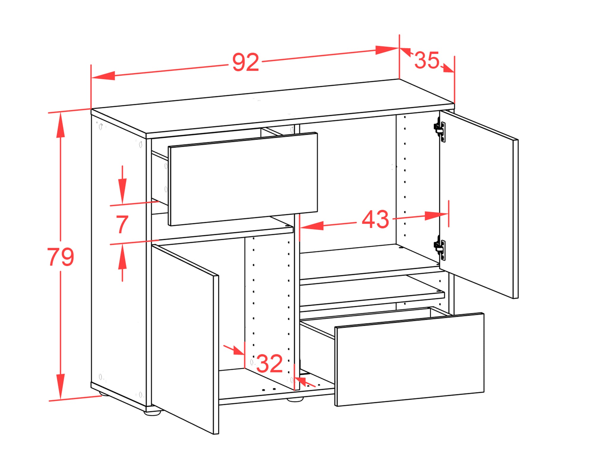 Sideboard - Carlotta - Design Holzdekor - Freistehend mit Push to open  92 cm Anthrazit