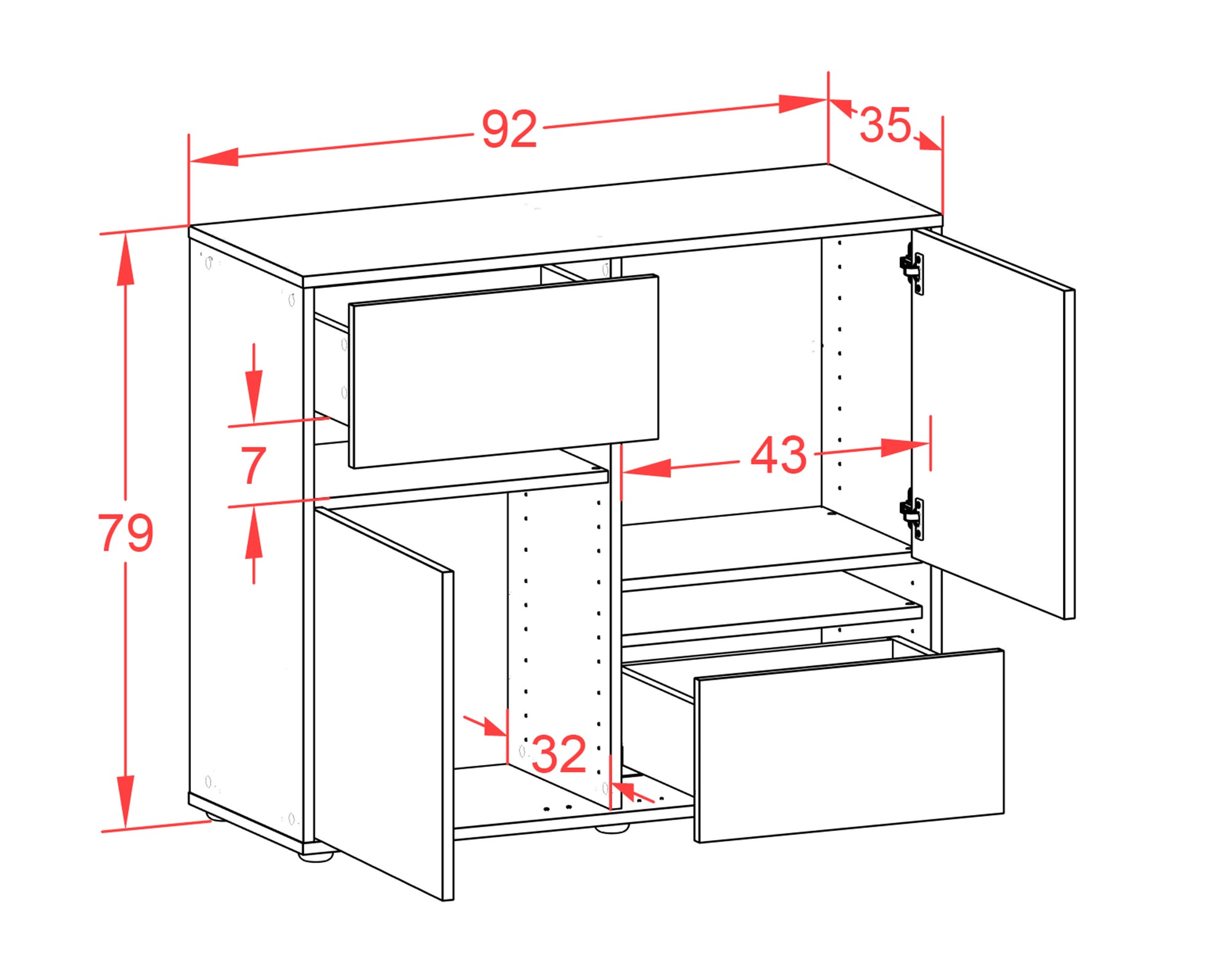 Sideboard - Carlotta - Design Farbakzent - Freistehend mit Push to open  92 cm Anthrazit