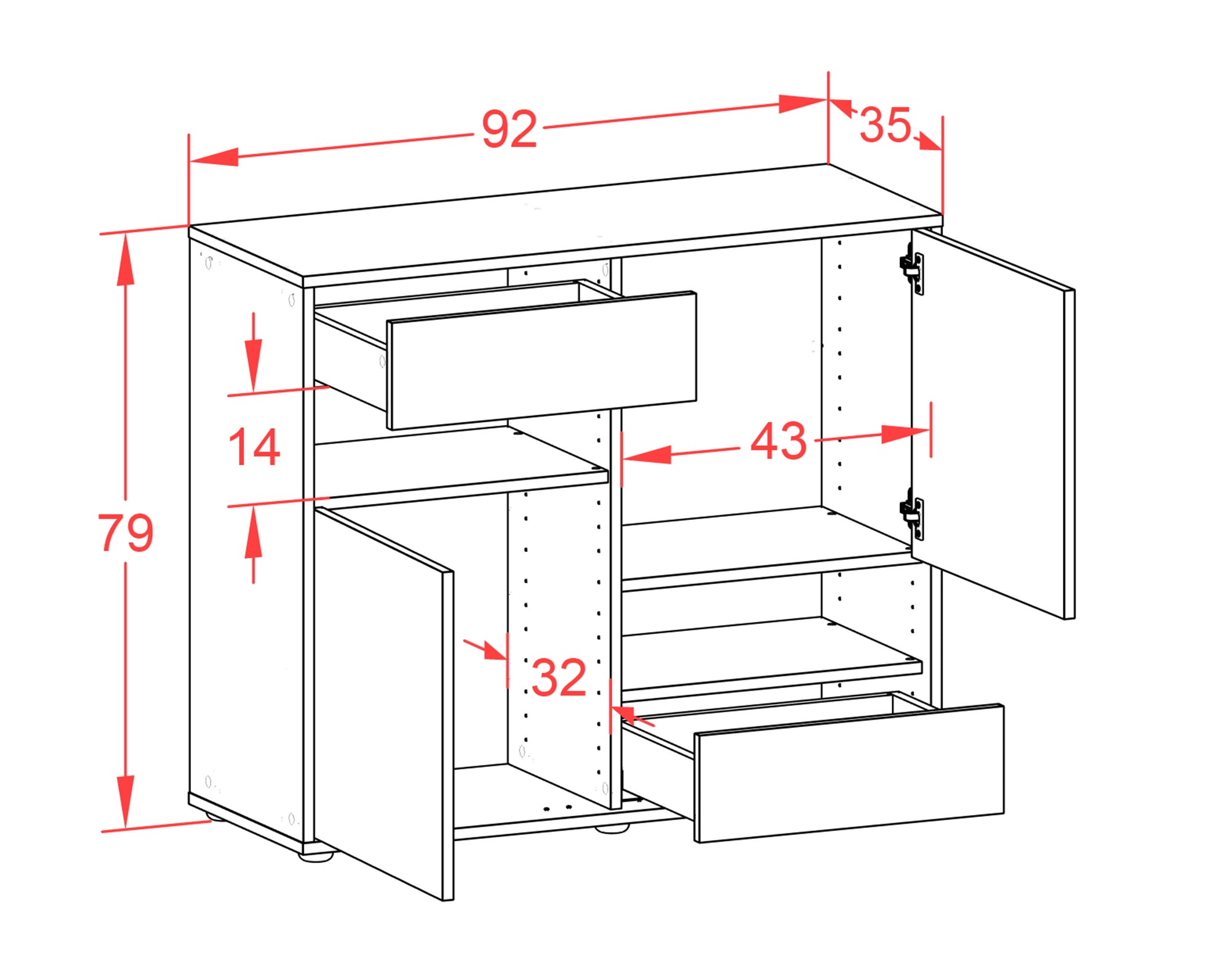 Sideboard - Carmelina - Design Hochglanz - Freistehend mit Push to open  92 cm Anthrazit