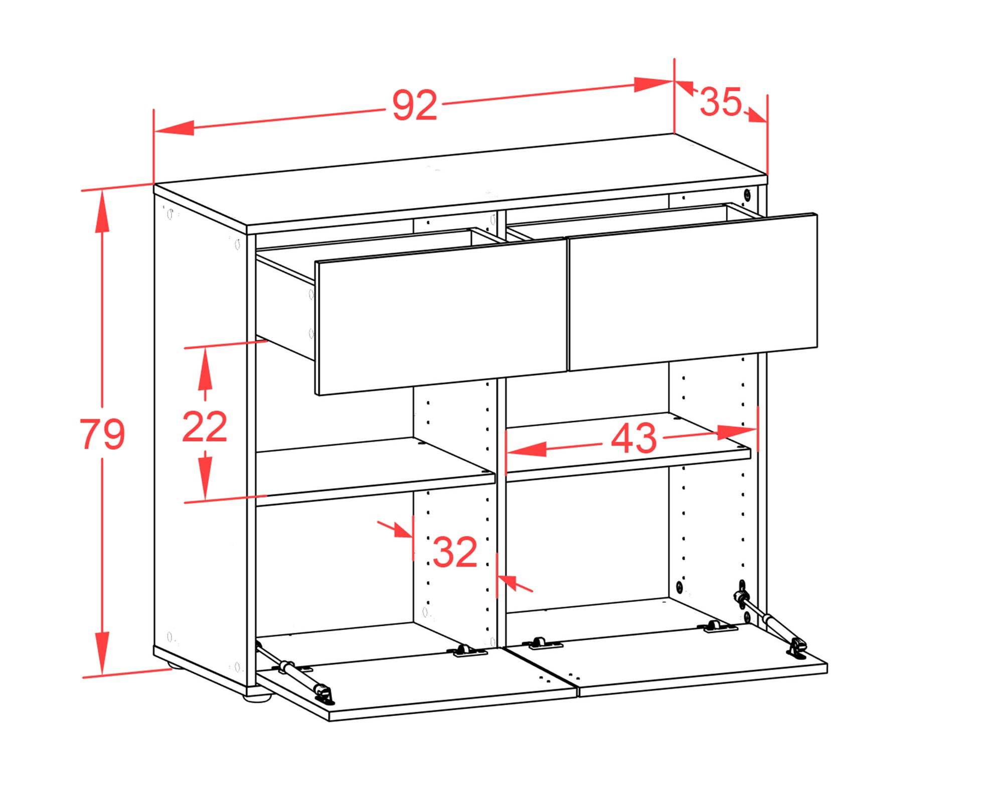 Sideboard - Carmen - Design Farbakzent - Freistehend mit Push to open  92 cm Anthrazit