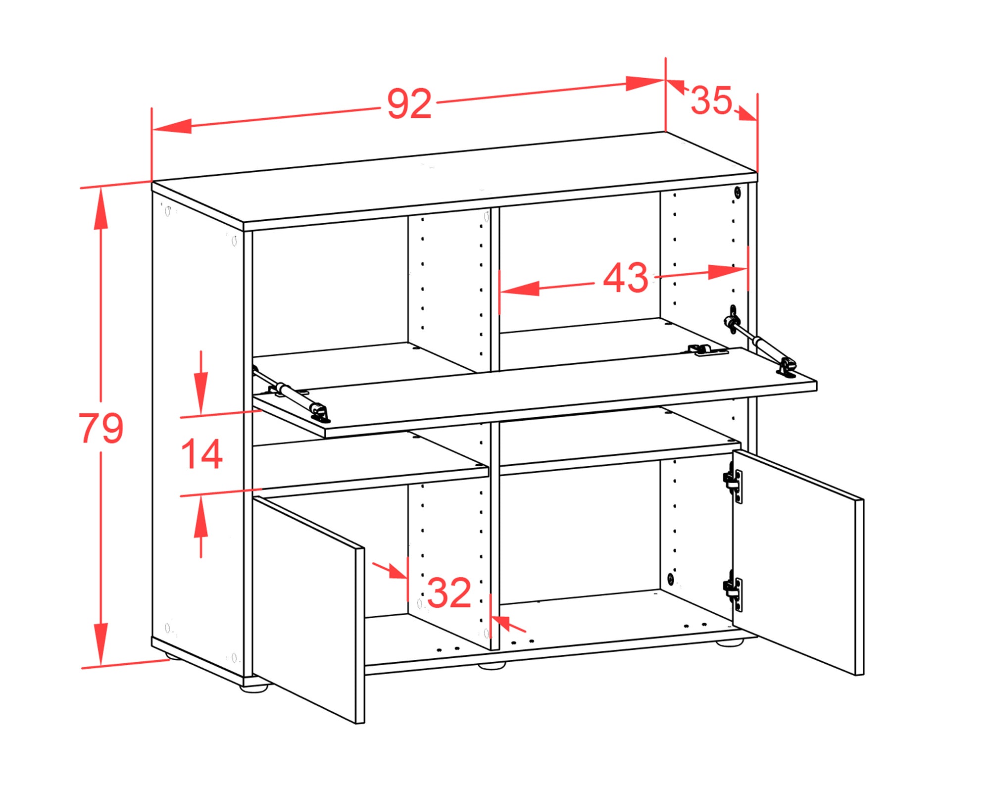Sideboard - Cassandra - Design Hochglanz - Freistehend mit Push to open  92 cm Anthrazit