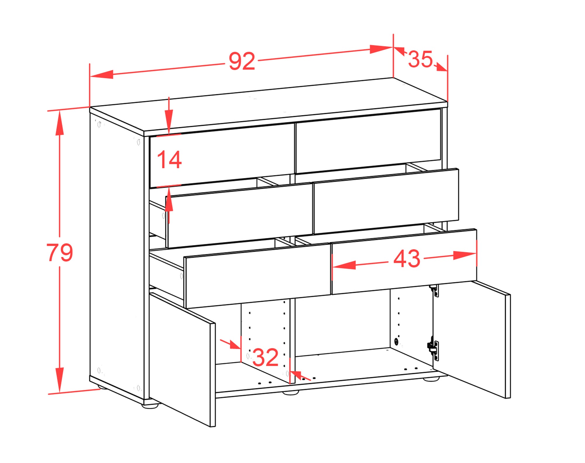 Sideboard - Celeste - Design Hochglanz - Freistehend mit Push to open  92 cm Anthrazit