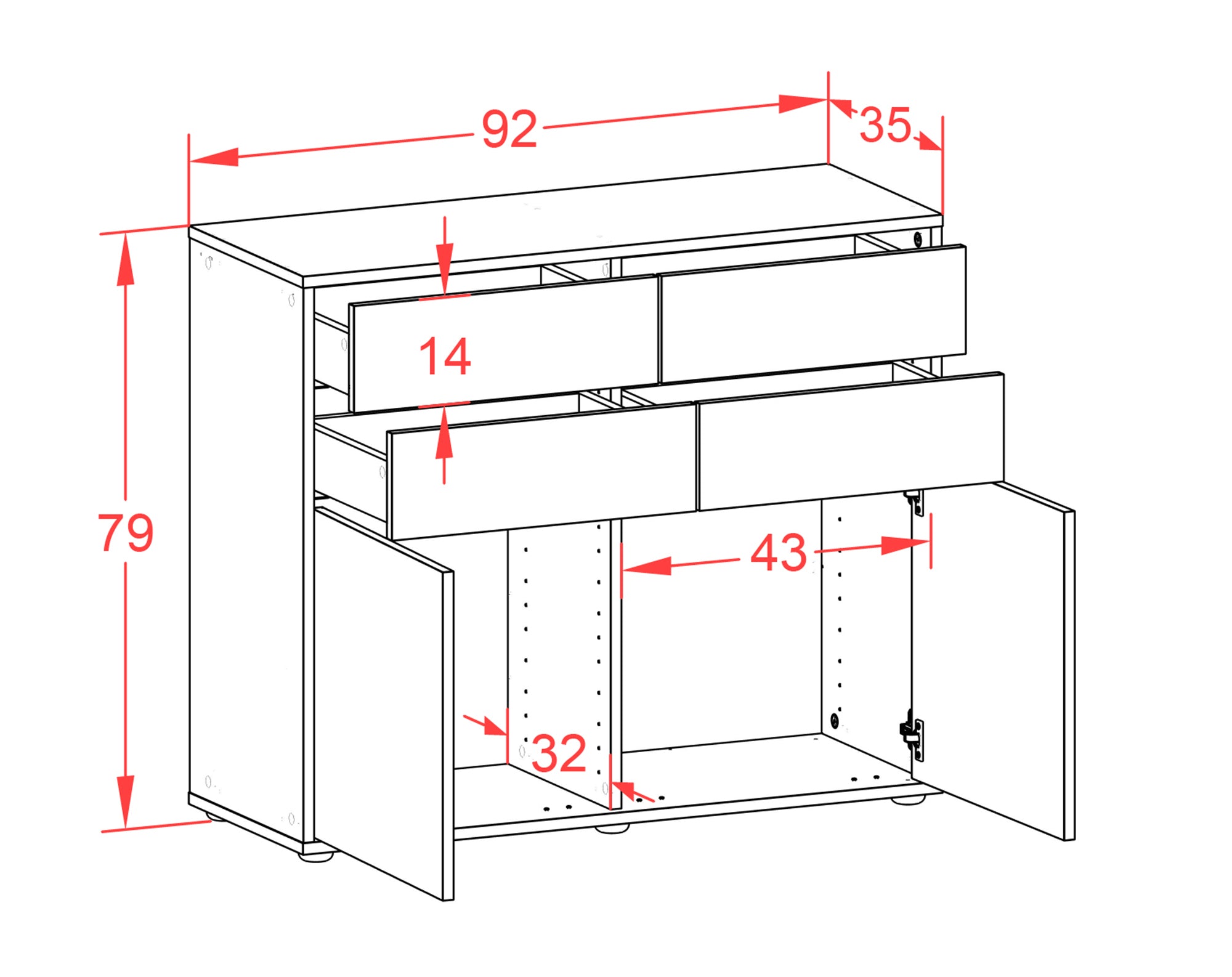 Sideboard - Celia - Design Farbakzent - Freistehend mit Push to open  92 cm Anthrazit