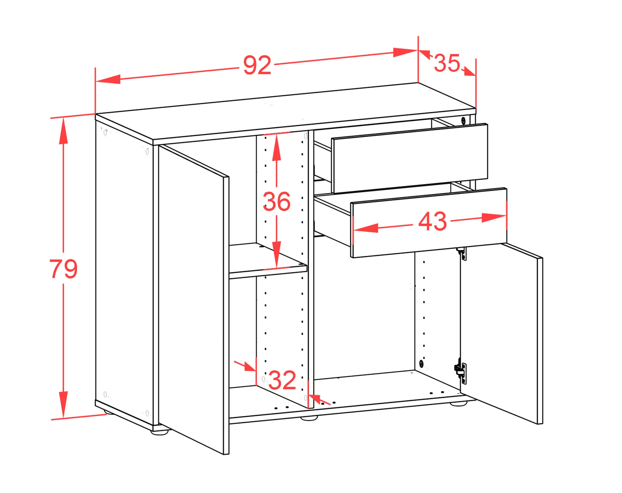 Sideboard - Chantal - Design Holzdekor - Freistehend mit Push to open  92 cm Anthrazit