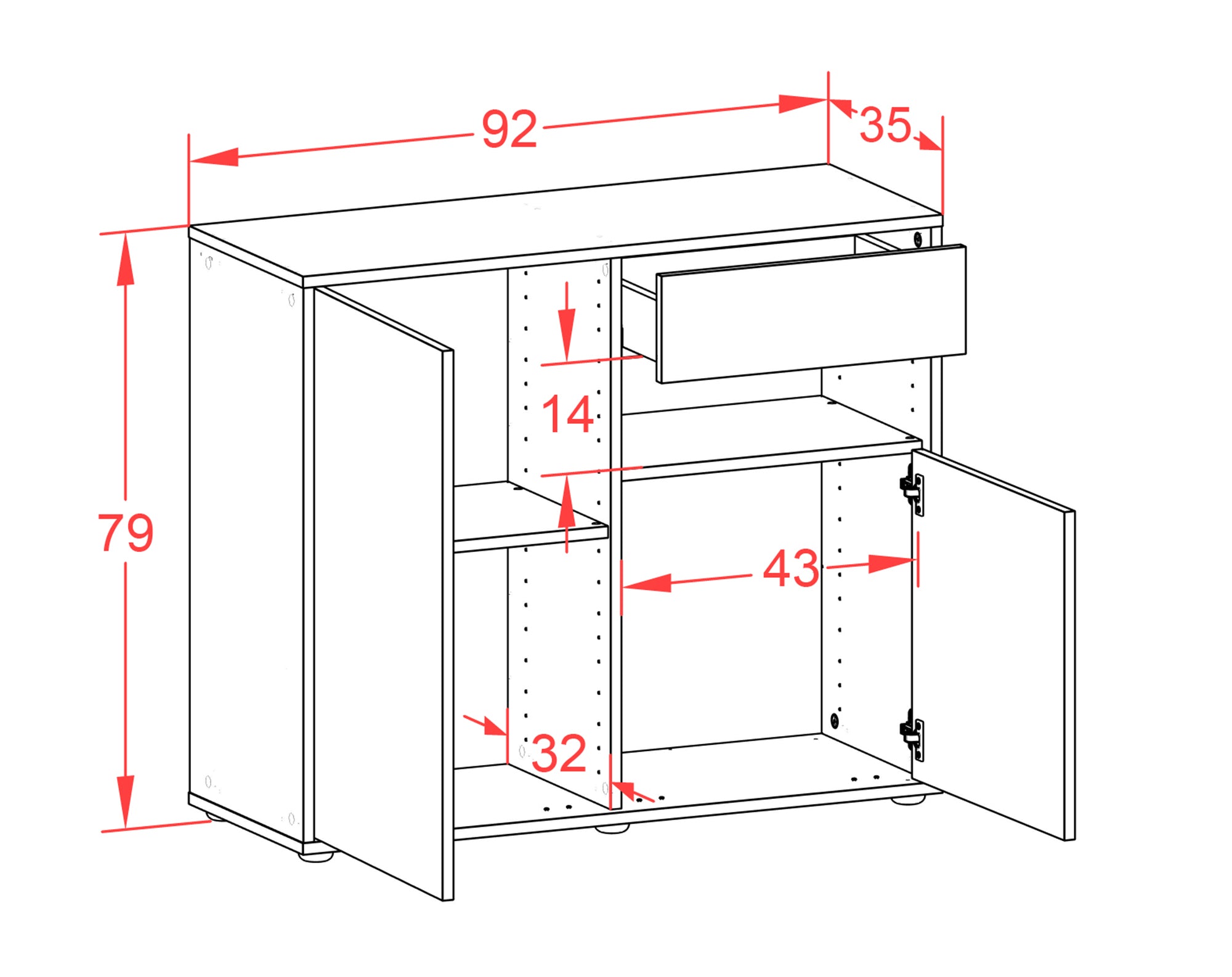 Sideboard - Charlotta - Design Hochglanz - Freistehend mit Push to open  92 cm Anthrazit