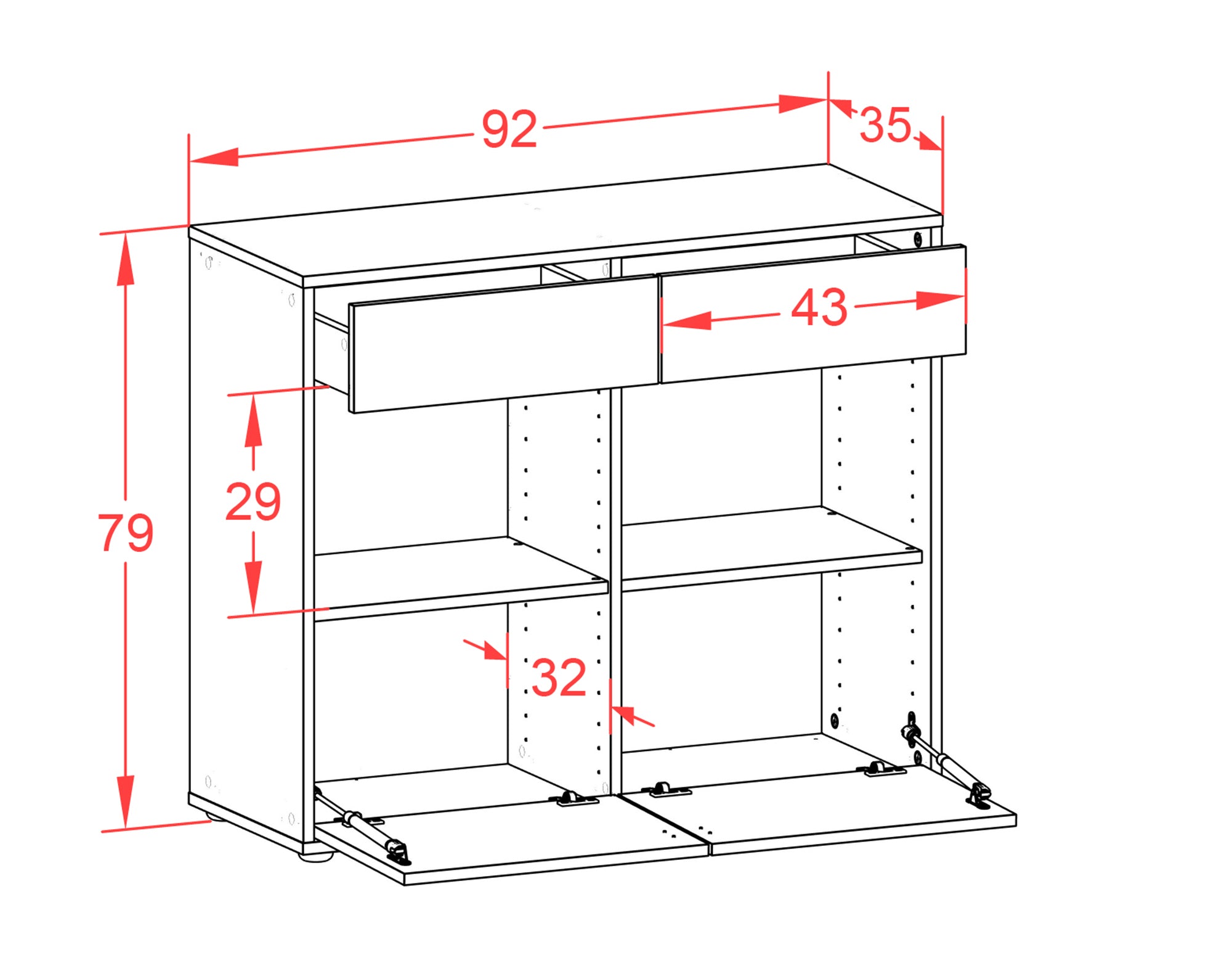 Sideboard - Christina - Design Farbakzent - Freistehend mit Push to open  92 cm Anthrazit