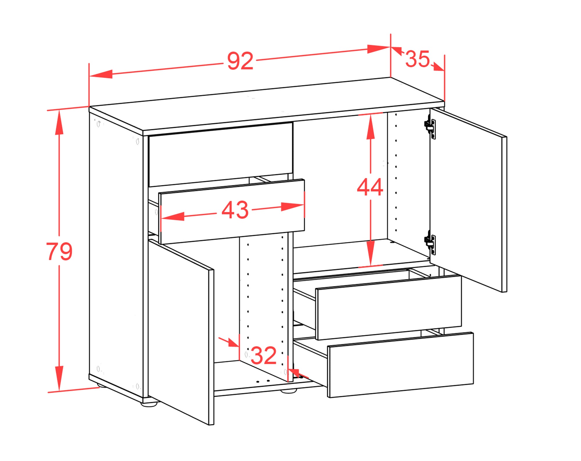 Sideboard - Ciara - Design Hochglanz - Freistehend mit Push to open  92 cm Anthrazit