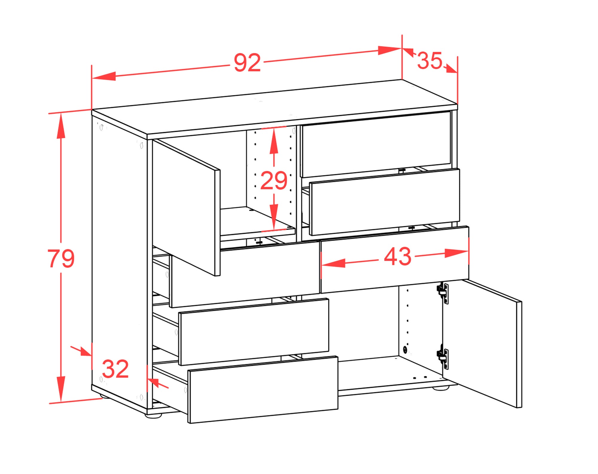 Sideboard - Clarissa - Design Farbakzent - Freistehend mit Push to open  92 cm Anthrazit