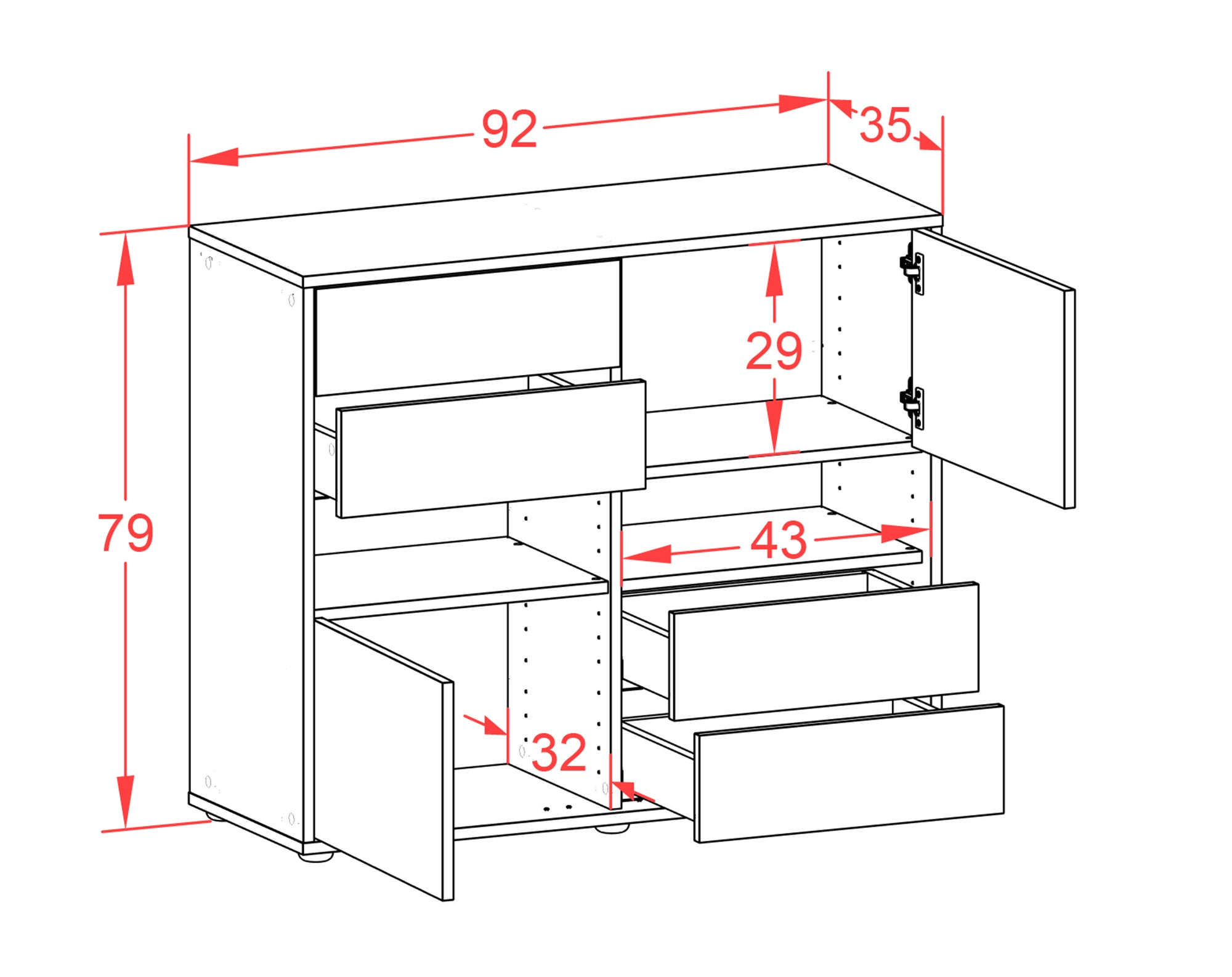 Sideboard - Claudia - Design Hochglanz - Freistehend mit Push to open  92 cm Anthrazit