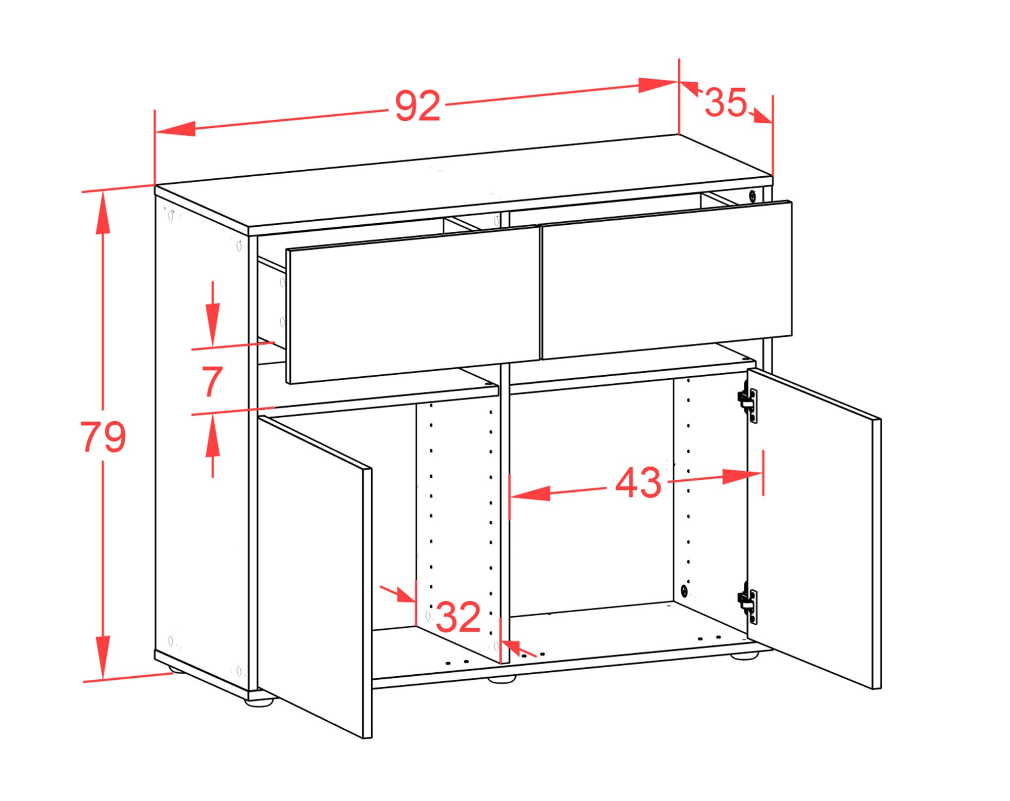 Sideboard - Clea - Design Hochglanz - Freistehend mit Push to open  92 cm Anthrazit