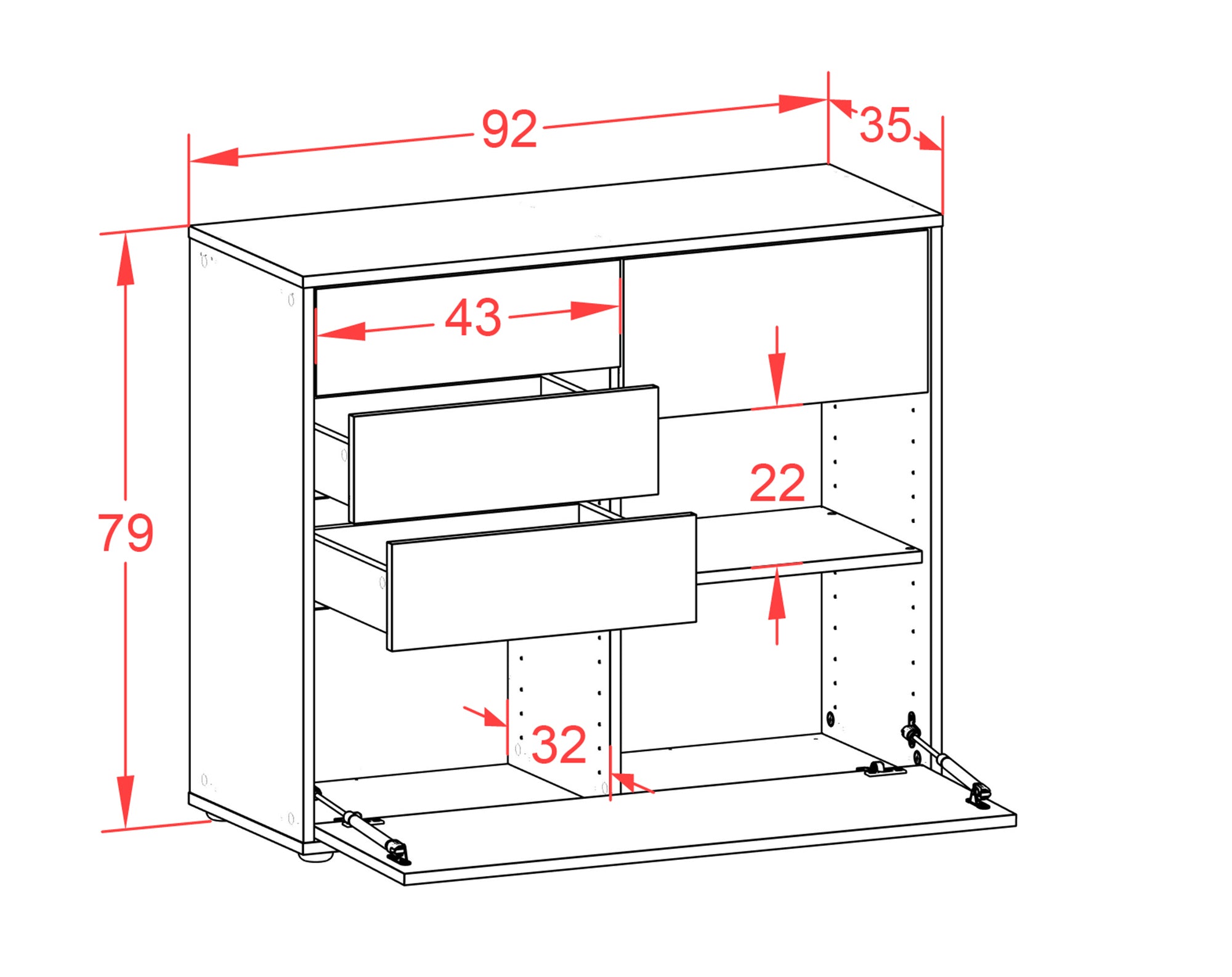 Sideboard - Coco - Design Hochglanz - Freistehend mit Push to open  92 cm Anthrazit