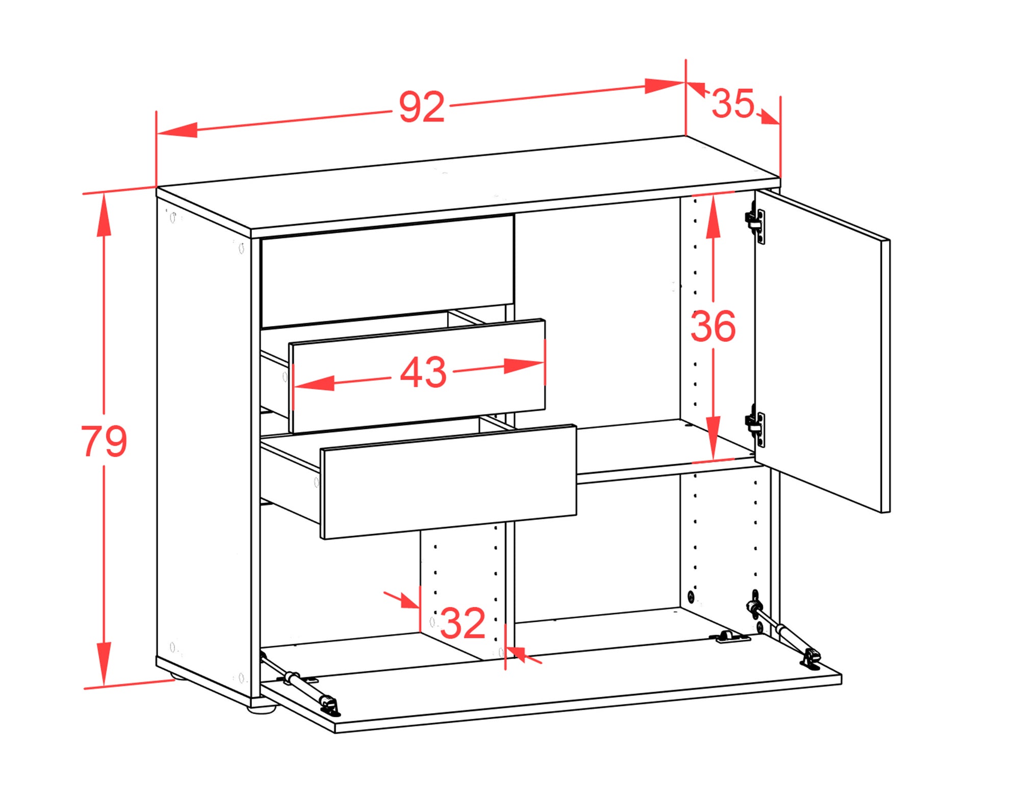 Sideboard - Corina - Design Holzdekor - Freistehend mit Push to open  92 cm Anthrazit