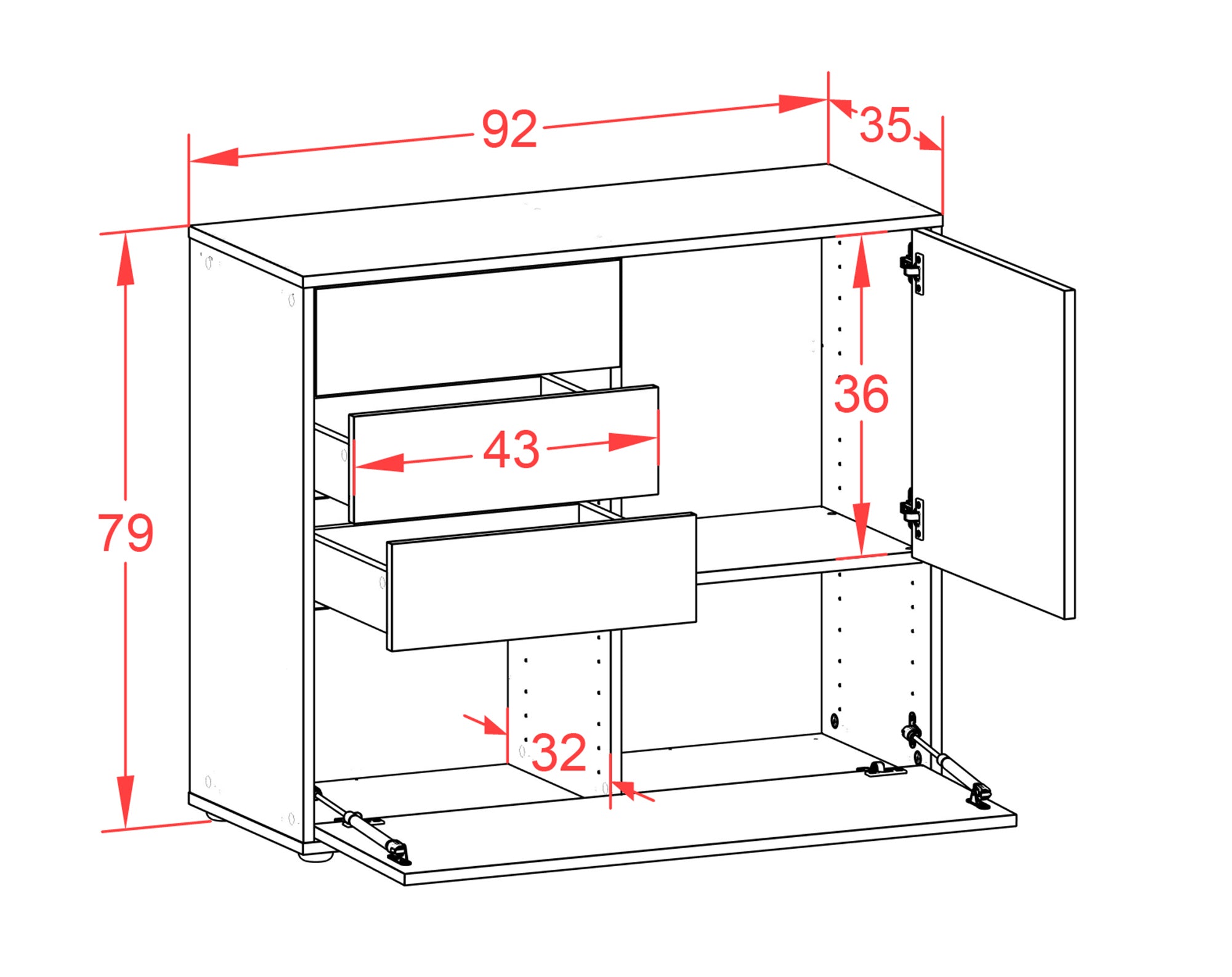 Sideboard - Corina - Design Hochglanz - Freistehend mit Push to open  92 cm Anthrazit