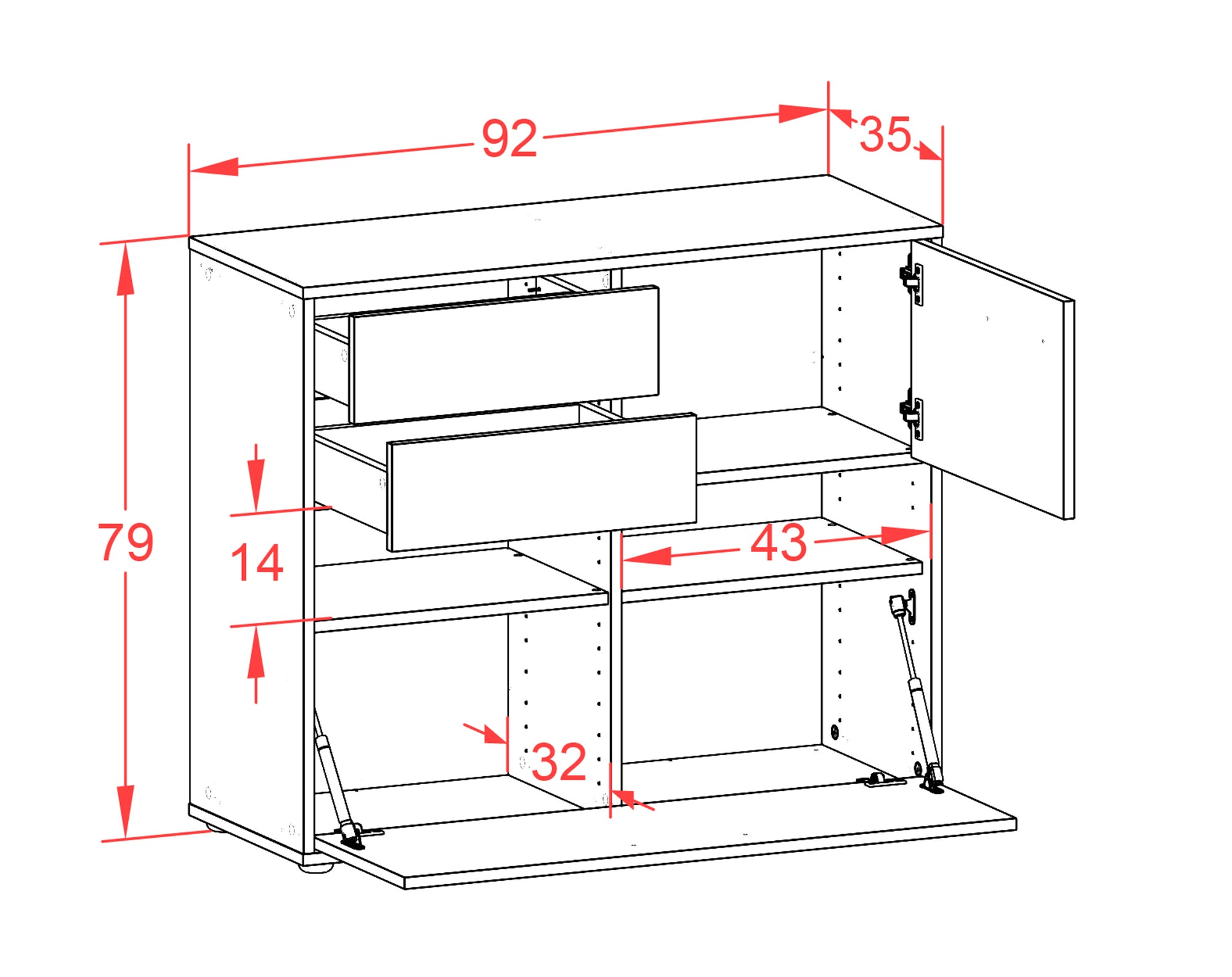 Sideboard - Cornelia - Design Farbakzent - Freistehend mit Push to open  92 cm Anthrazit