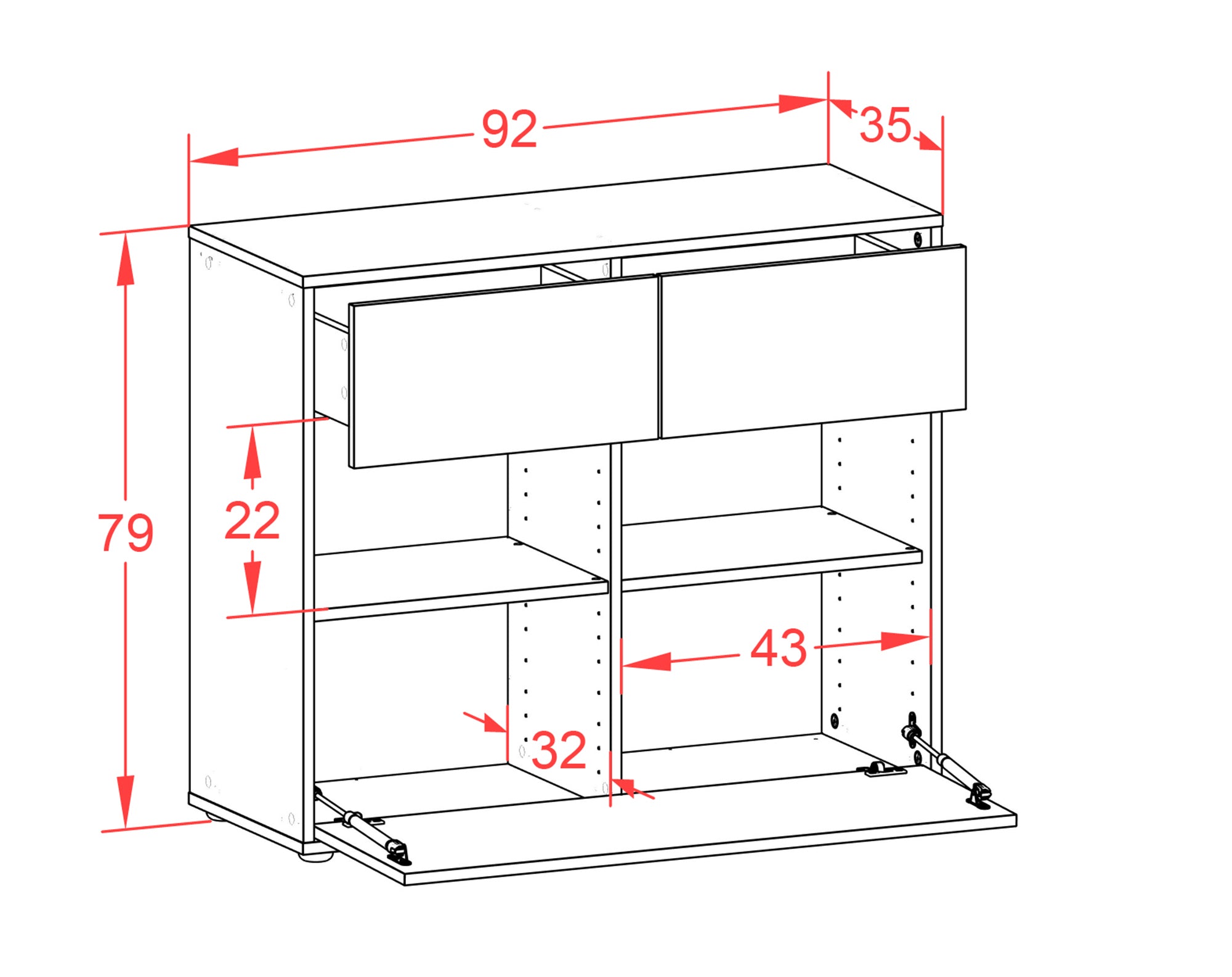 Sideboard - Cosima - Design Farbakzent - Freistehend mit Push to open  92 cm Anthrazit