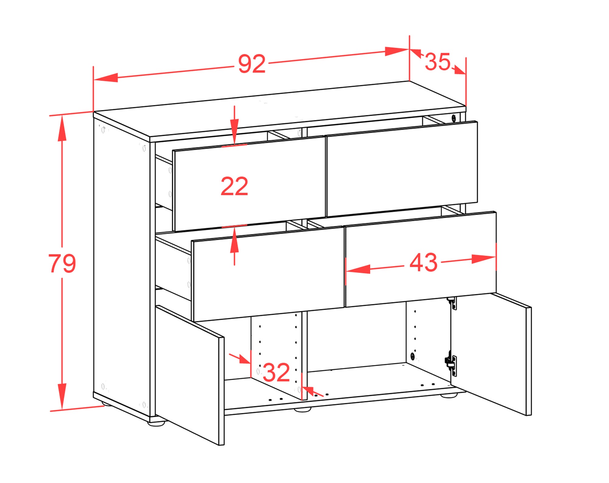 Sideboard - Dalida - Design Hochglanz - Freistehend mit Push to open  92 cm Anthrazit