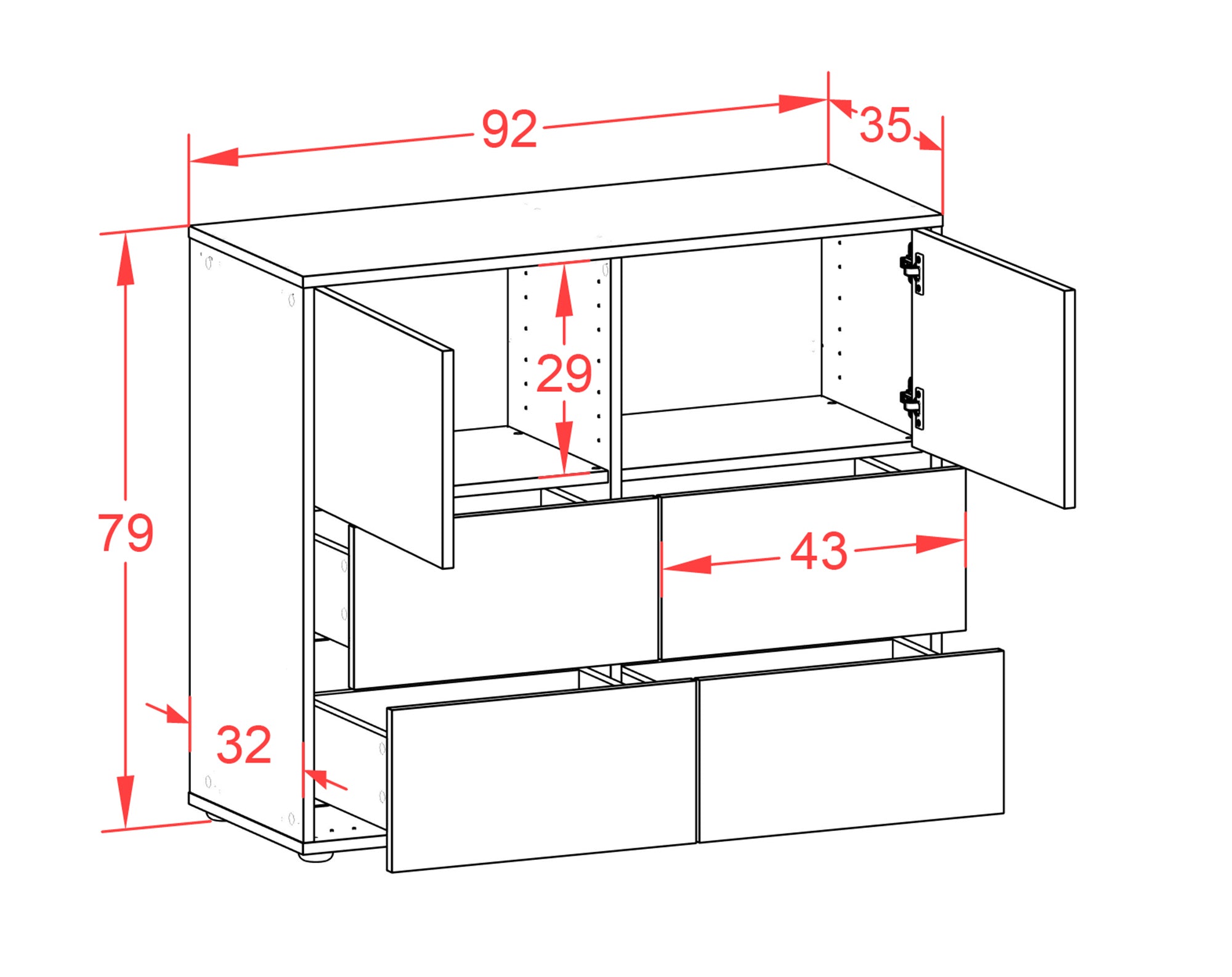 Sideboard - Dana - Design Farbakzent - Freistehend mit Push to open  92 cm Anthrazit