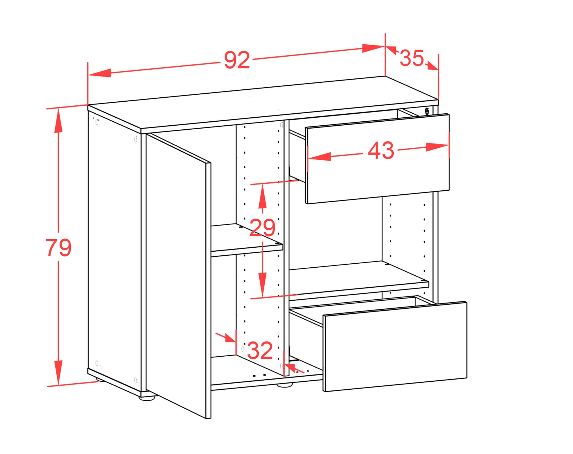 Sideboard - Danica - Design Hochglanz - Freistehend mit Push to open  92 cm Anthrazit