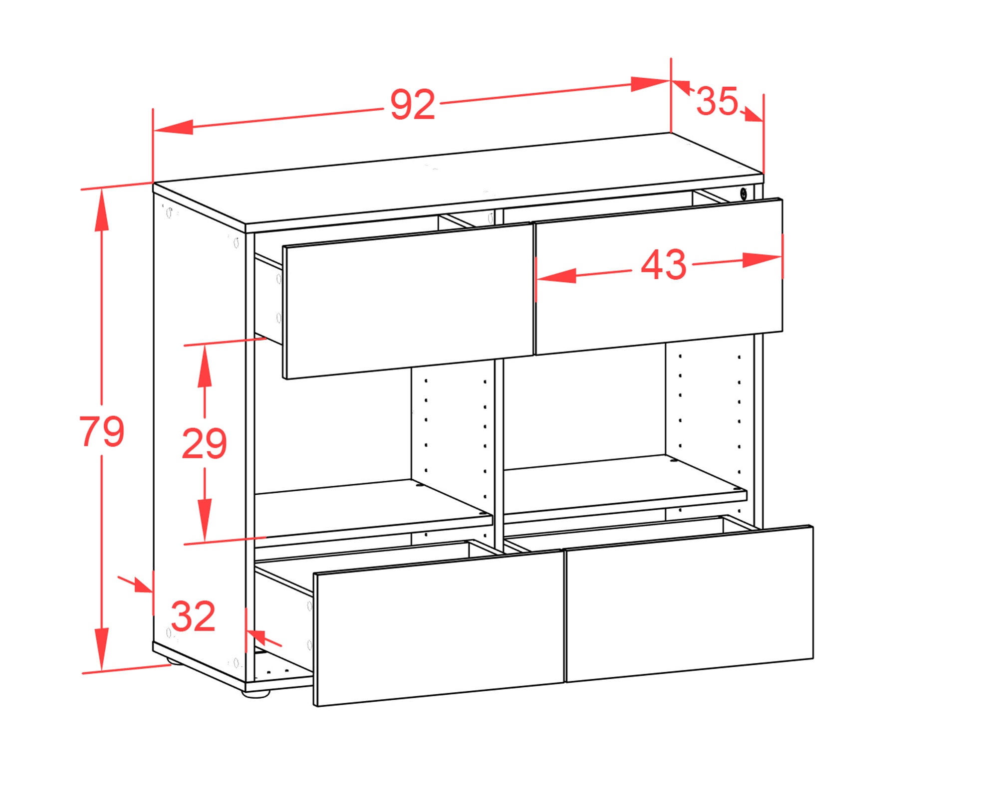 Sideboard - Daniela - Design Holzdekor - Freistehend mit Push to open  92 cm Anthrazit