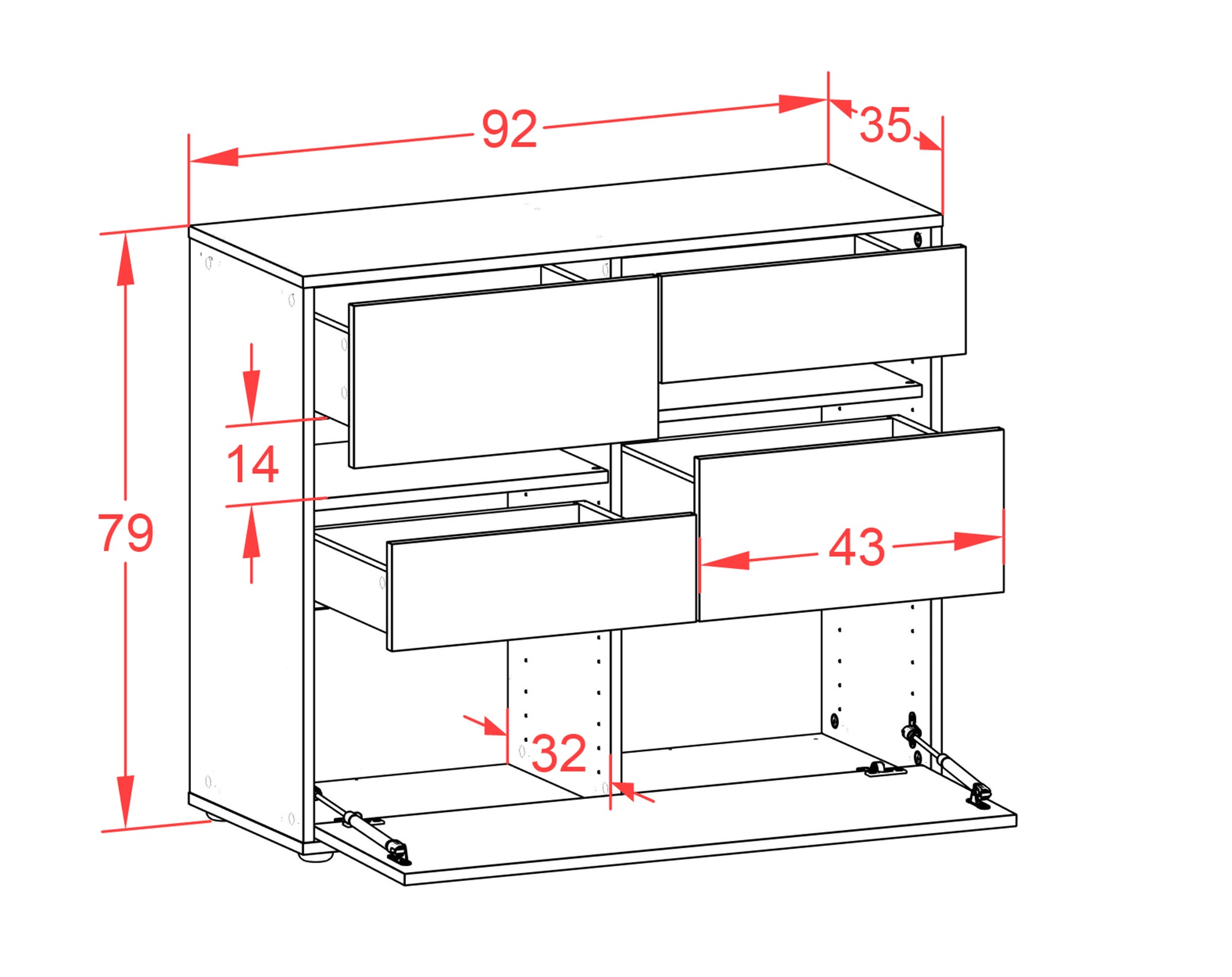 Sideboard - Daria - Design Holzdekor - Freistehend mit Push to open  92 cm Anthrazit