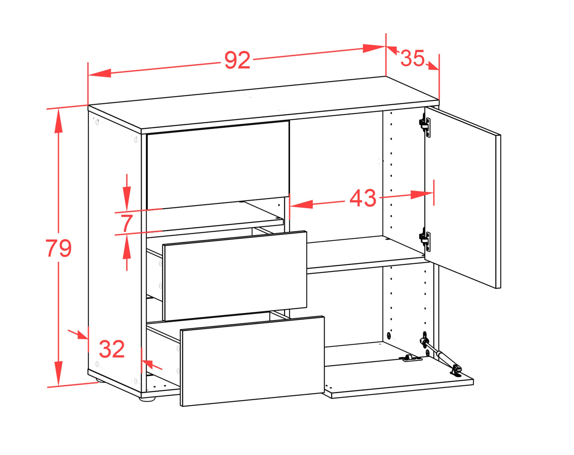 Sideboard - Davina - Design Hochglanz - Freistehend mit Push to open  92 cm Anthrazit