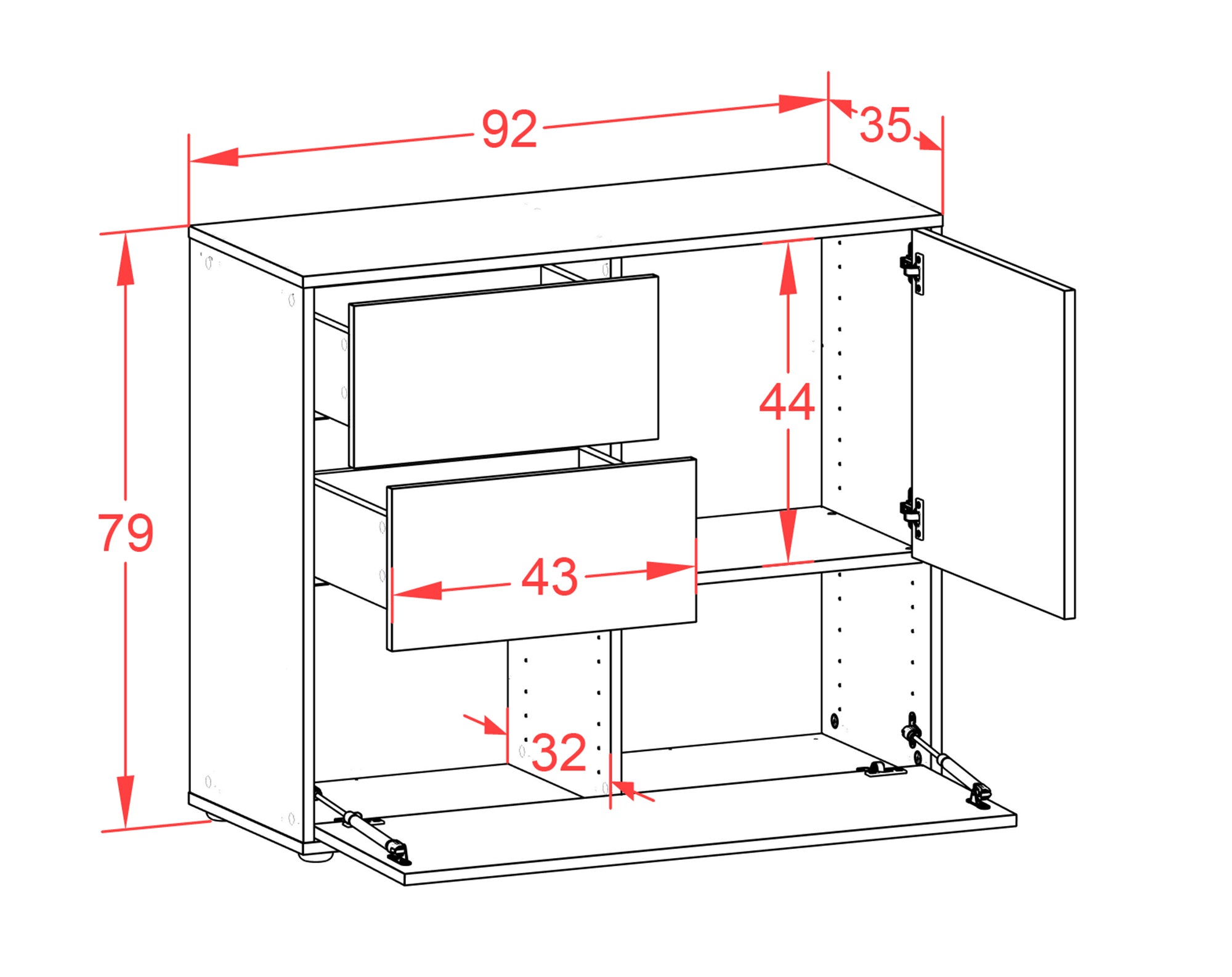 Sideboard - Deanna - Design Farbakzent - Freistehend mit Push to open  92 cm Anthrazit