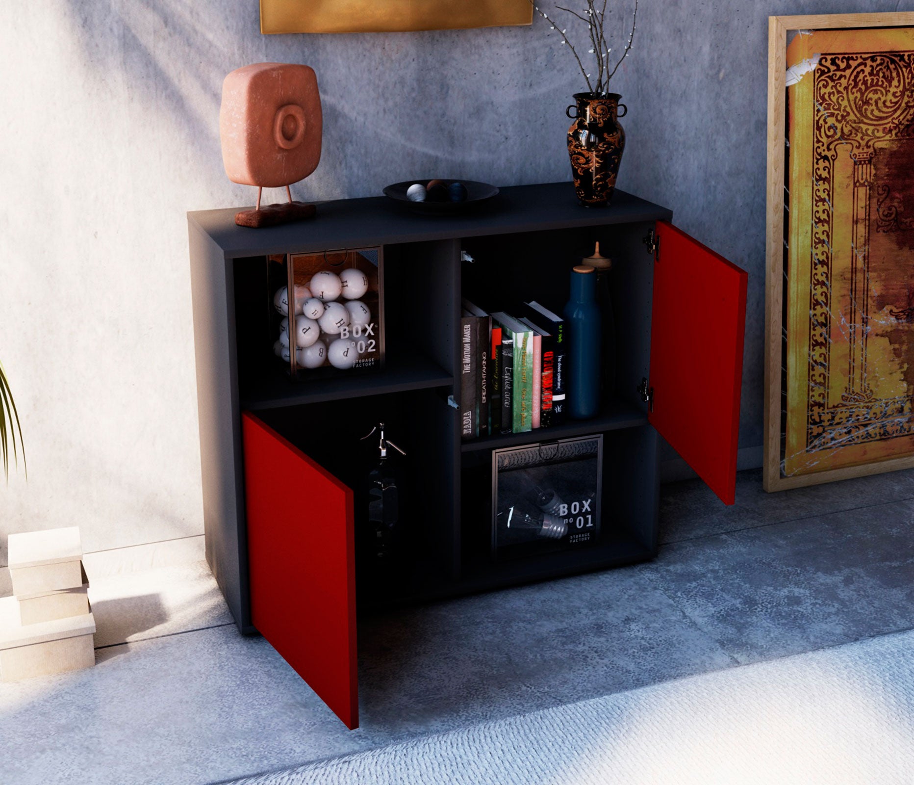 Sideboard - Caralina - Design Farbakzent - Freistehend mit Push to open  92 cm Anthrazit