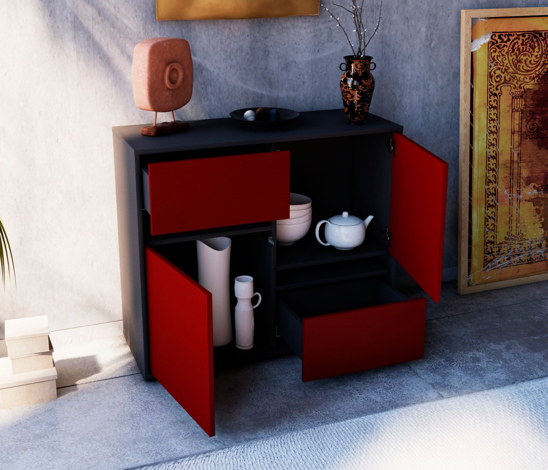 Sideboard - Carlotta - Design Farbakzent - Freistehend mit Push to open  92 cm Anthrazit