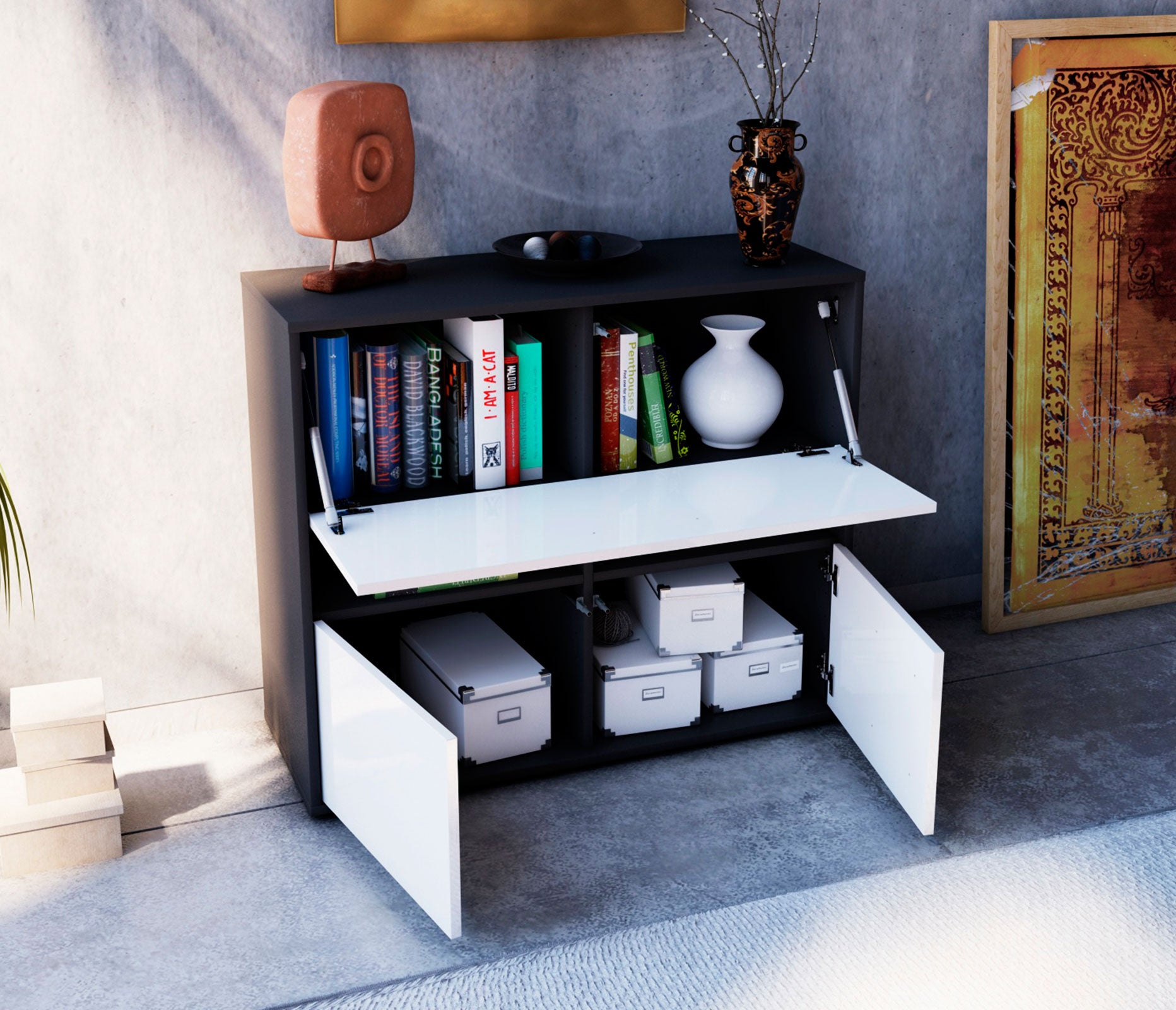 Sideboard - Cassandra - Design Hochglanz - Freistehend mit Push to open  92 cm Anthrazit