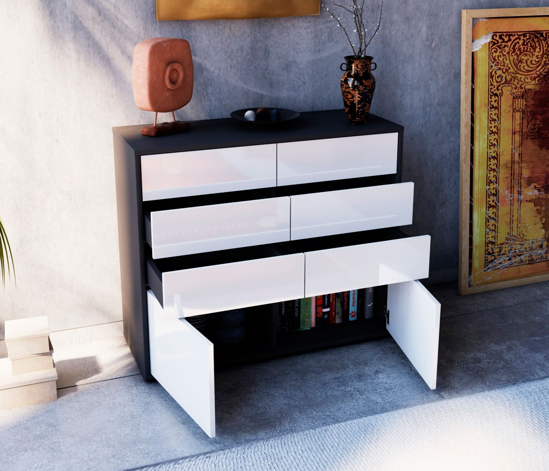 Sideboard - Celeste - Design Hochglanz - Freistehend mit Push to open  92 cm Anthrazit