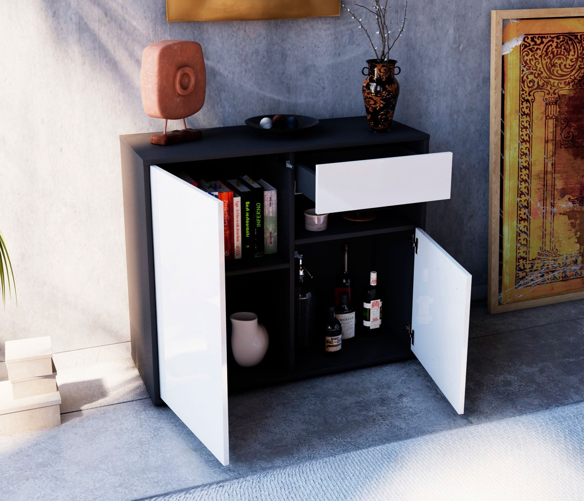 Sideboard - Charlotta - Design Hochglanz - Freistehend mit Push to open  92 cm Anthrazit