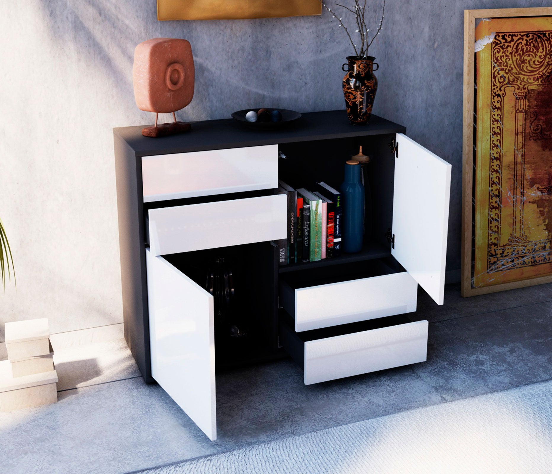 Sideboard - Ciara - Design Hochglanz - Freistehend mit Push to open  92 cm Anthrazit