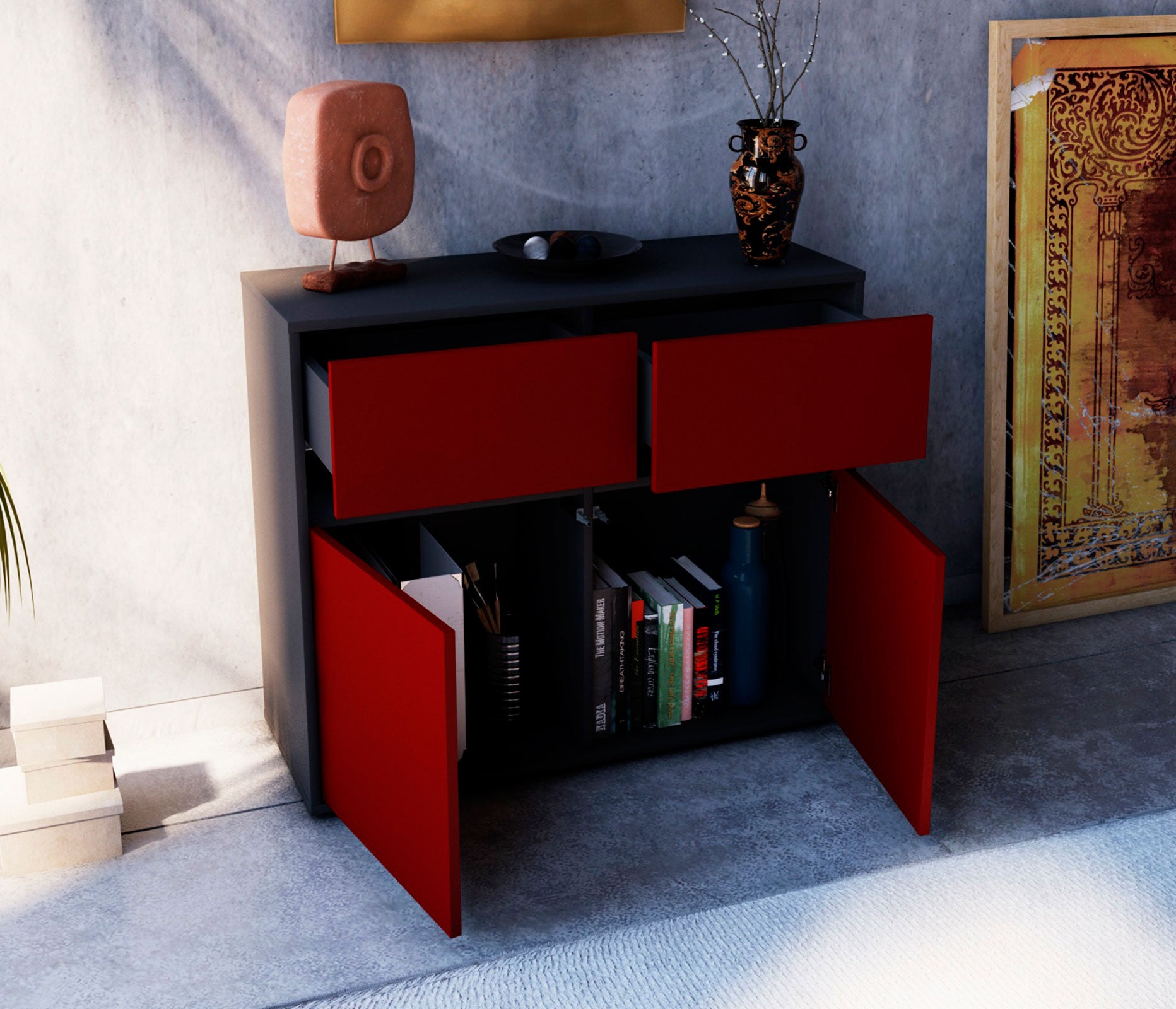 Sideboard - Clea - Design Farbakzent - Freistehend mit Push to open  92 cm Anthrazit