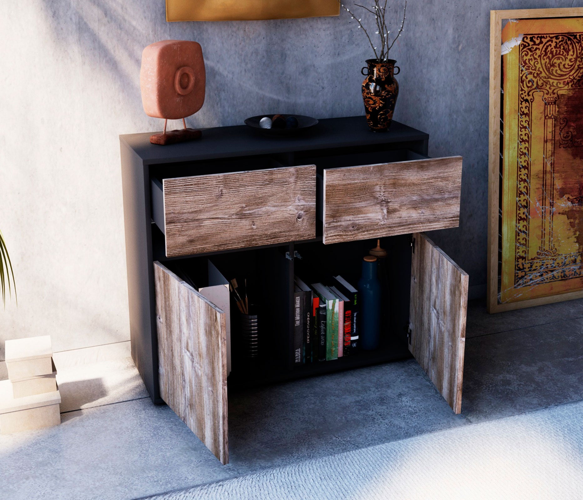Sideboard - Clea - Design Holzdekor - Freistehend mit Push to open  92 cm Anthrazit
