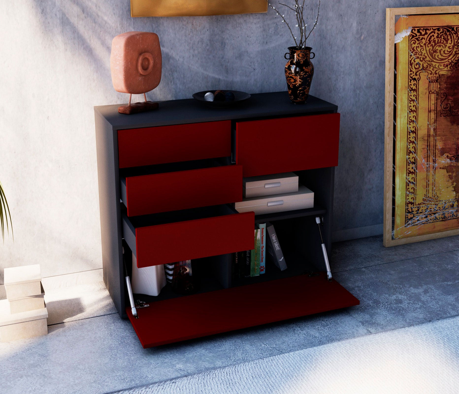Sideboard - Coco - Design Farbakzent - Freistehend mit Push to open  92 cm Anthrazit