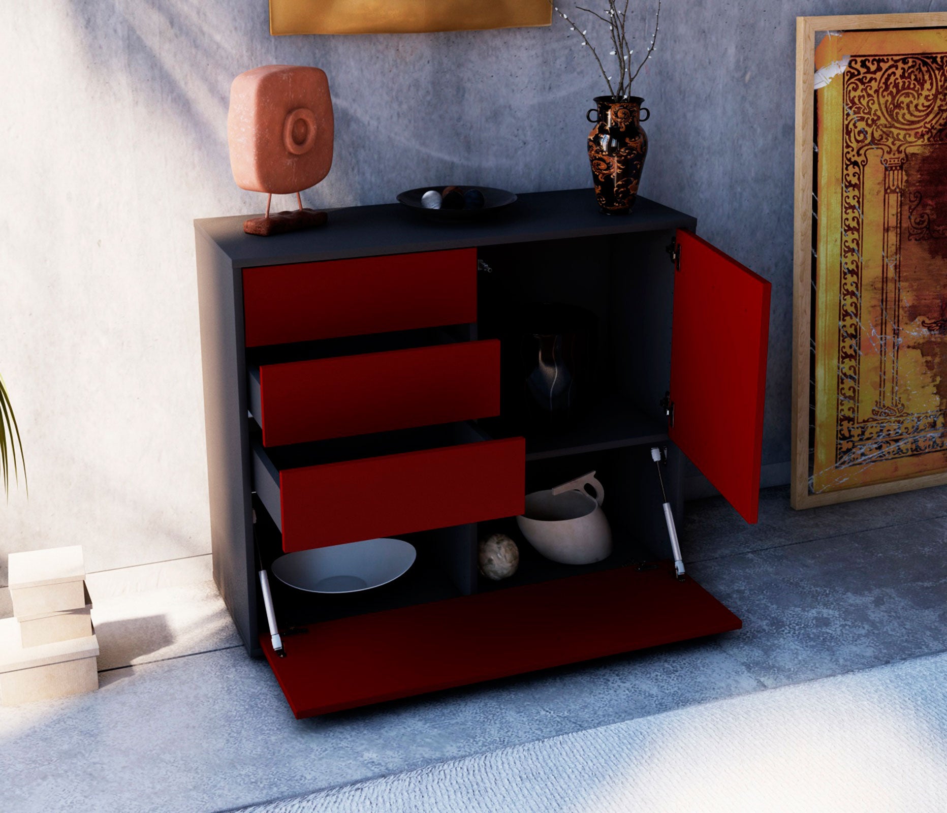 Sideboard - Corina - Design Farbakzent - Freistehend mit Push to open  92 cm Anthrazit