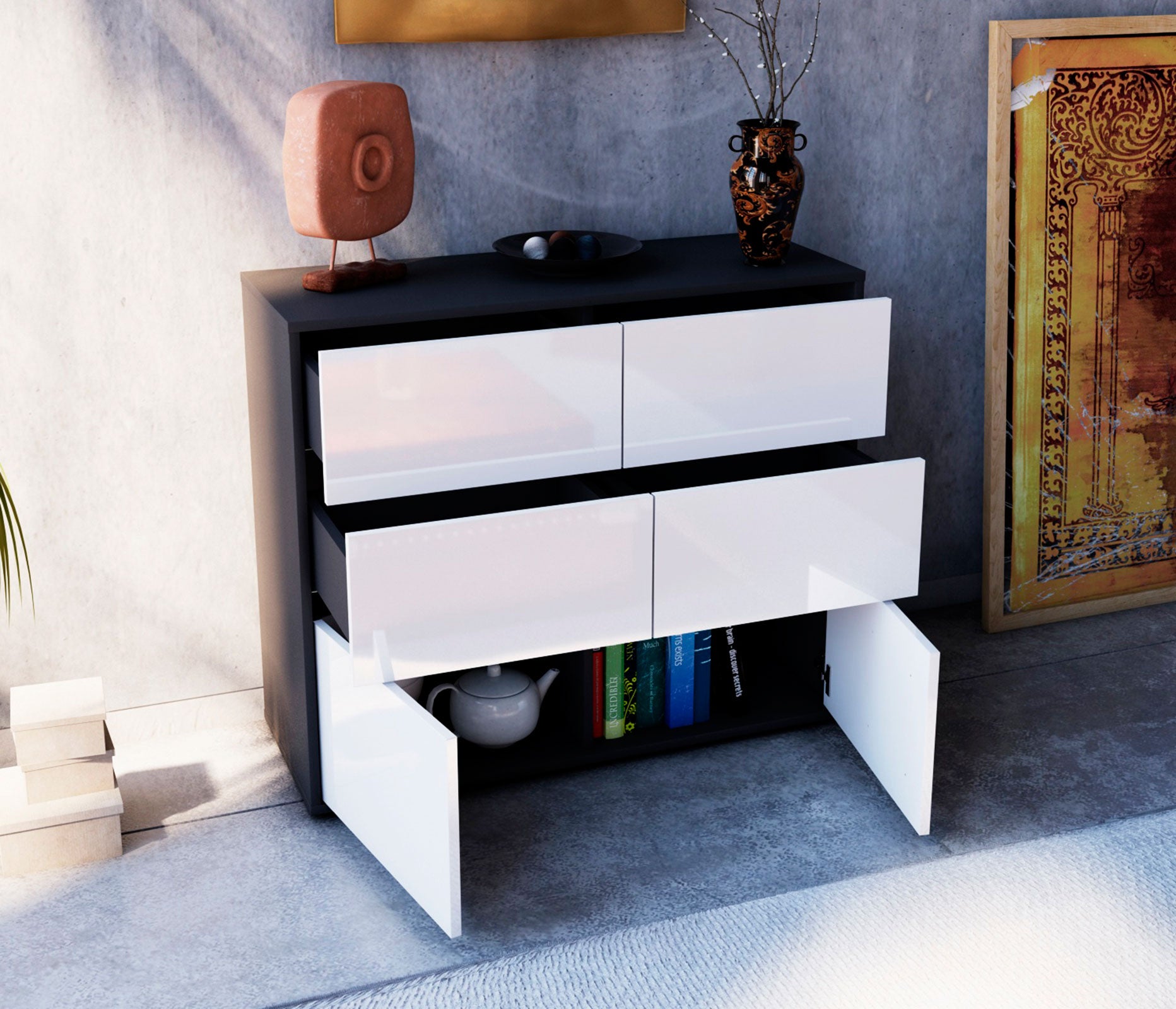 Sideboard - Dalida - Design Hochglanz - Freistehend mit Push to open  92 cm Anthrazit