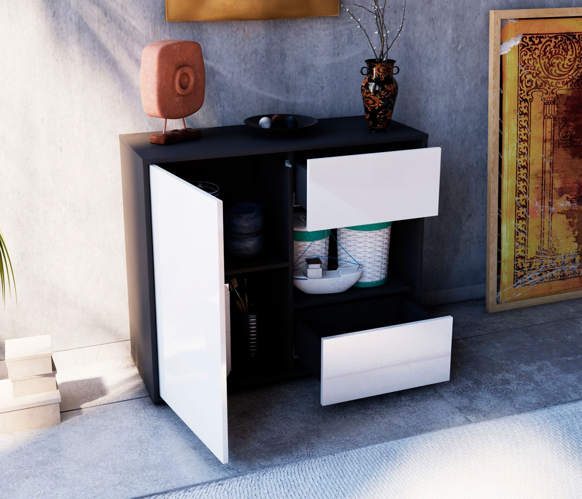 Sideboard - Danica - Design Hochglanz - Freistehend mit Push to open  92 cm Anthrazit