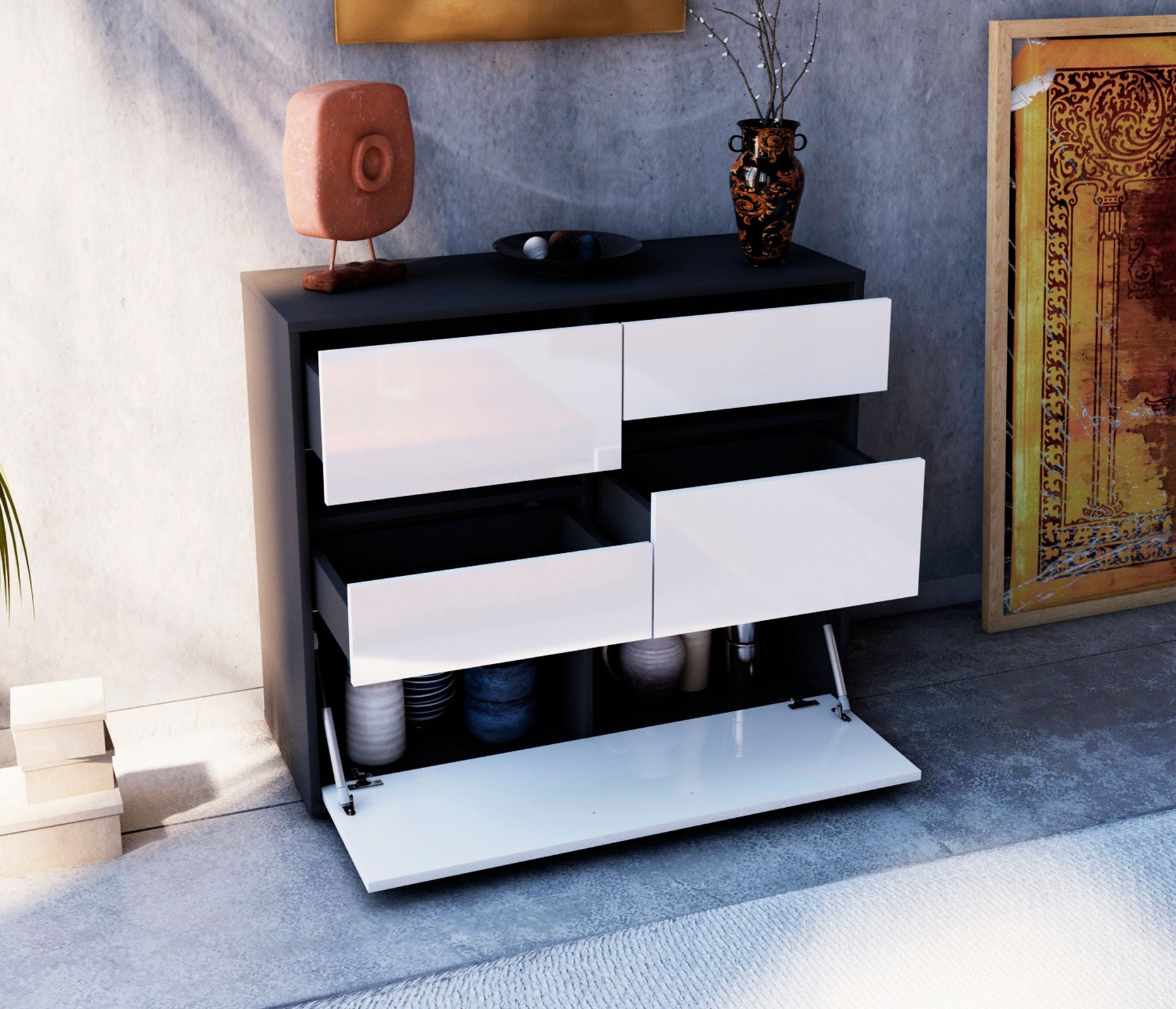 Sideboard - Daria - Design Hochglanz - Freistehend mit Push to open  92 cm Anthrazit