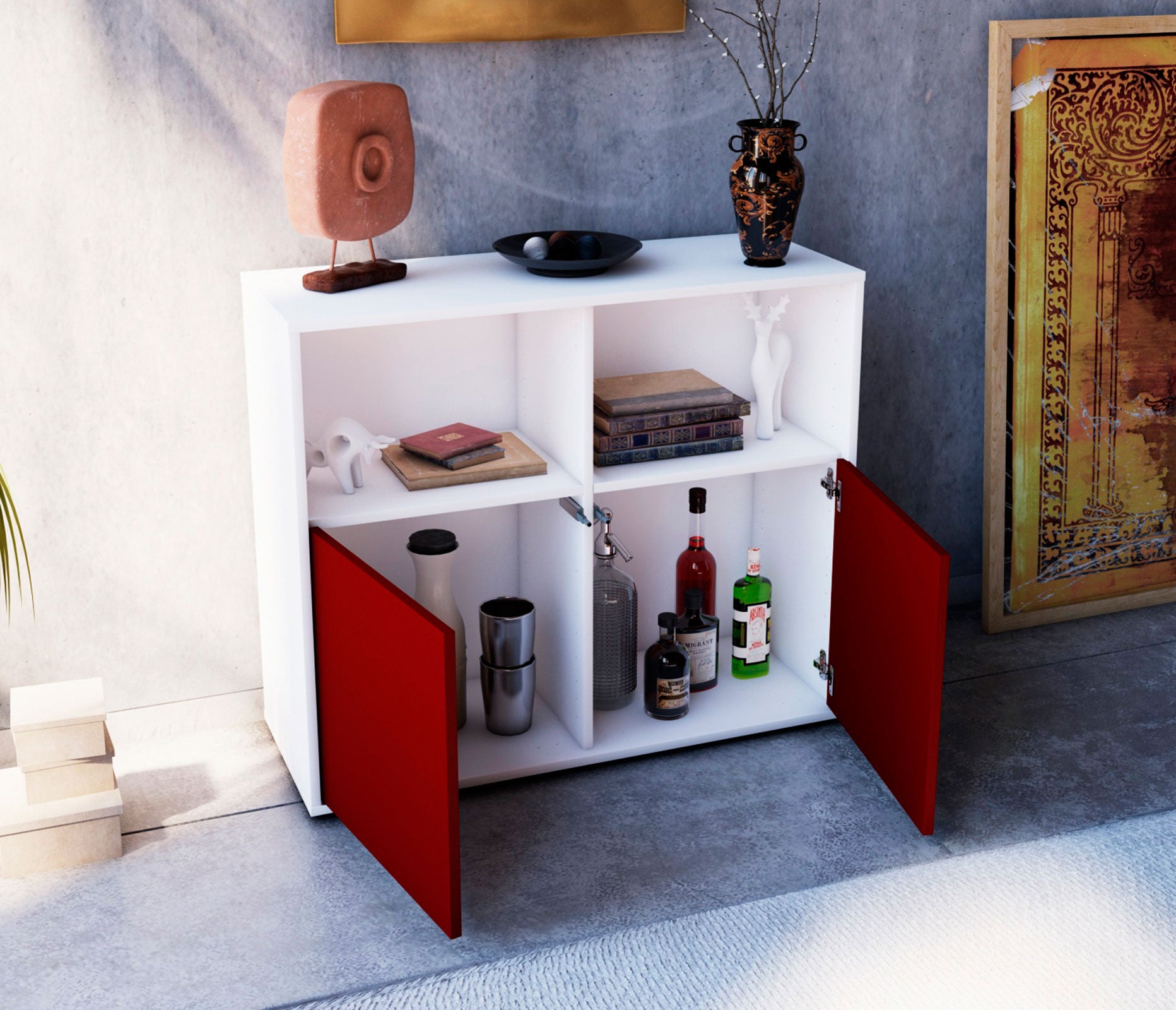 Sideboard - Camilla - Design Farbakzent - Freistehend mit Push to open  92 cm Weiss