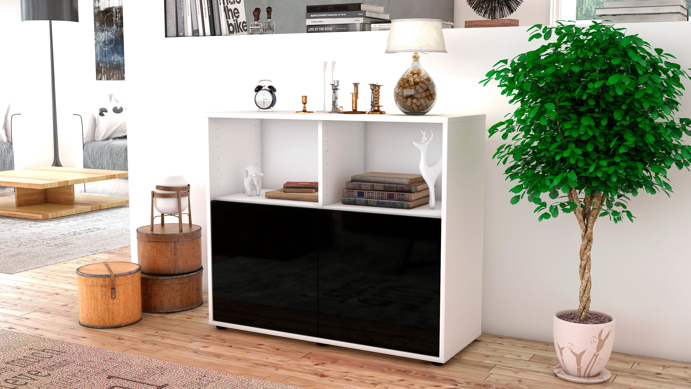 Sideboard - Camilla - Design Hochglanz - Freistehend mit Push to open  92 cm Weiss