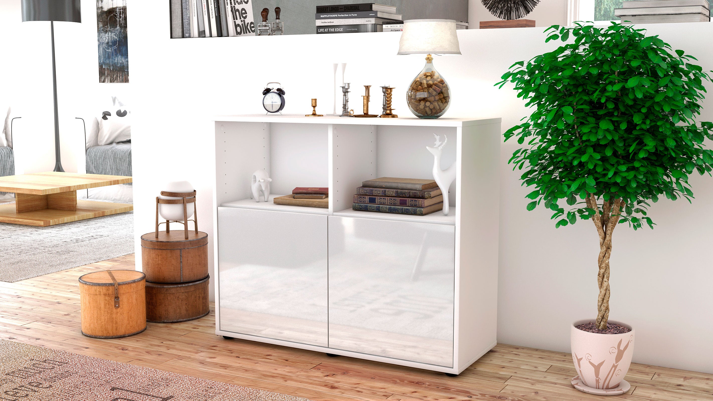 Sideboard - Camilla - Design Hochglanz - Freistehend mit Push to open  92 cm Weiss