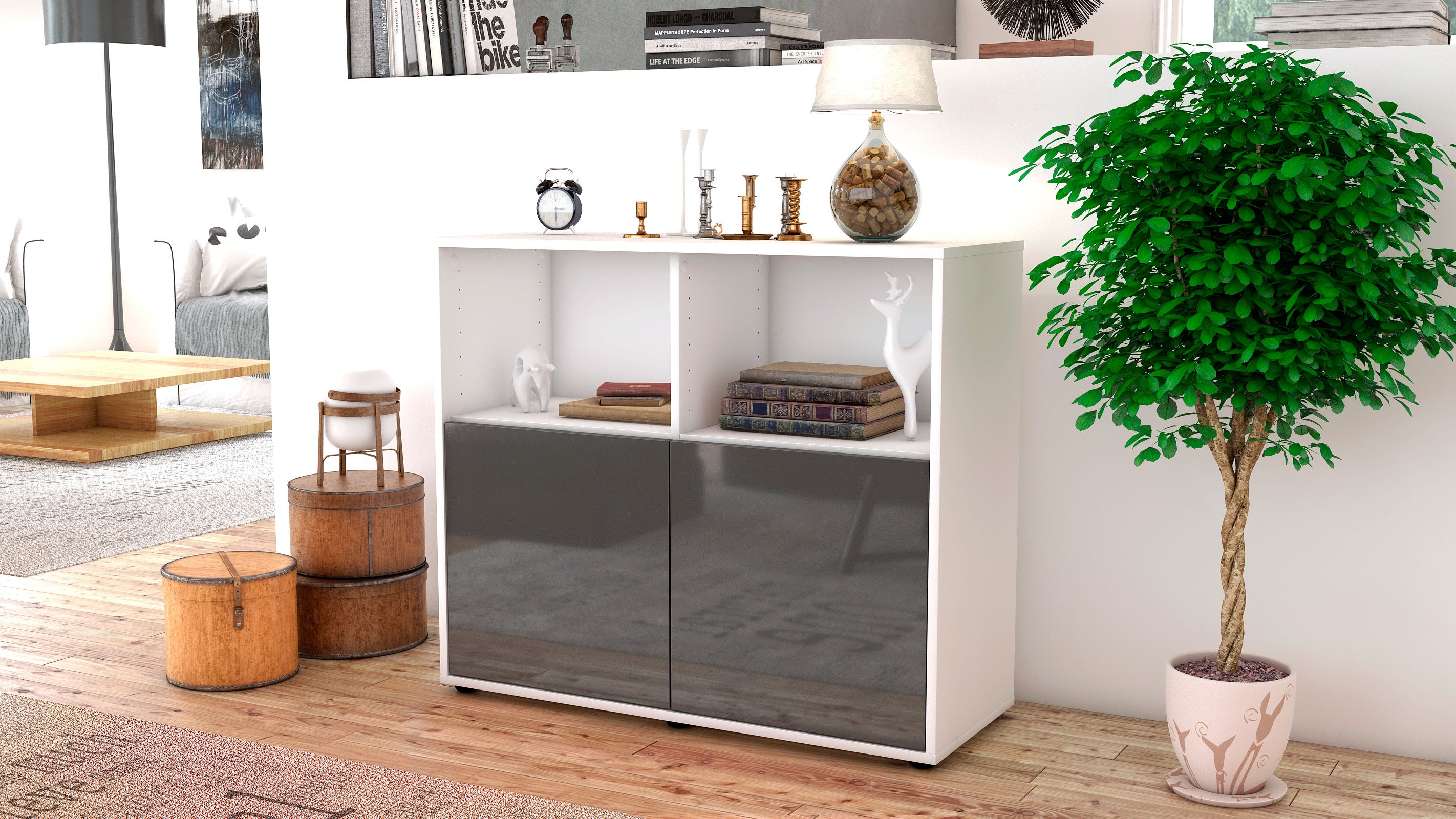 Sideboard - Camilla - Design Hochglanz - Freistehend mit Push to open  92 cm Weiss