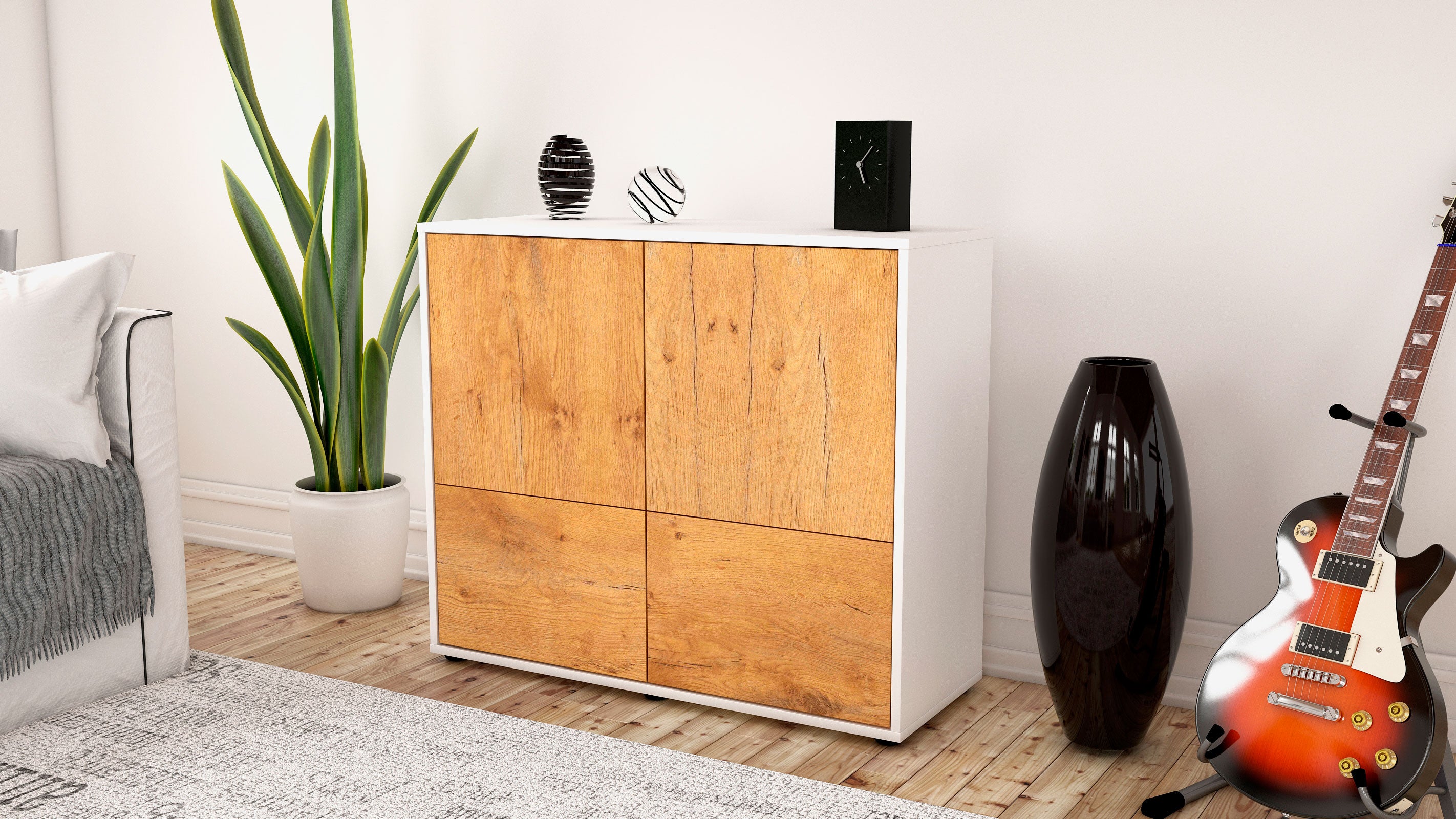 Sideboard - Cara - Design Holzdekor - Freistehend mit Push to open  92 cm Weiss