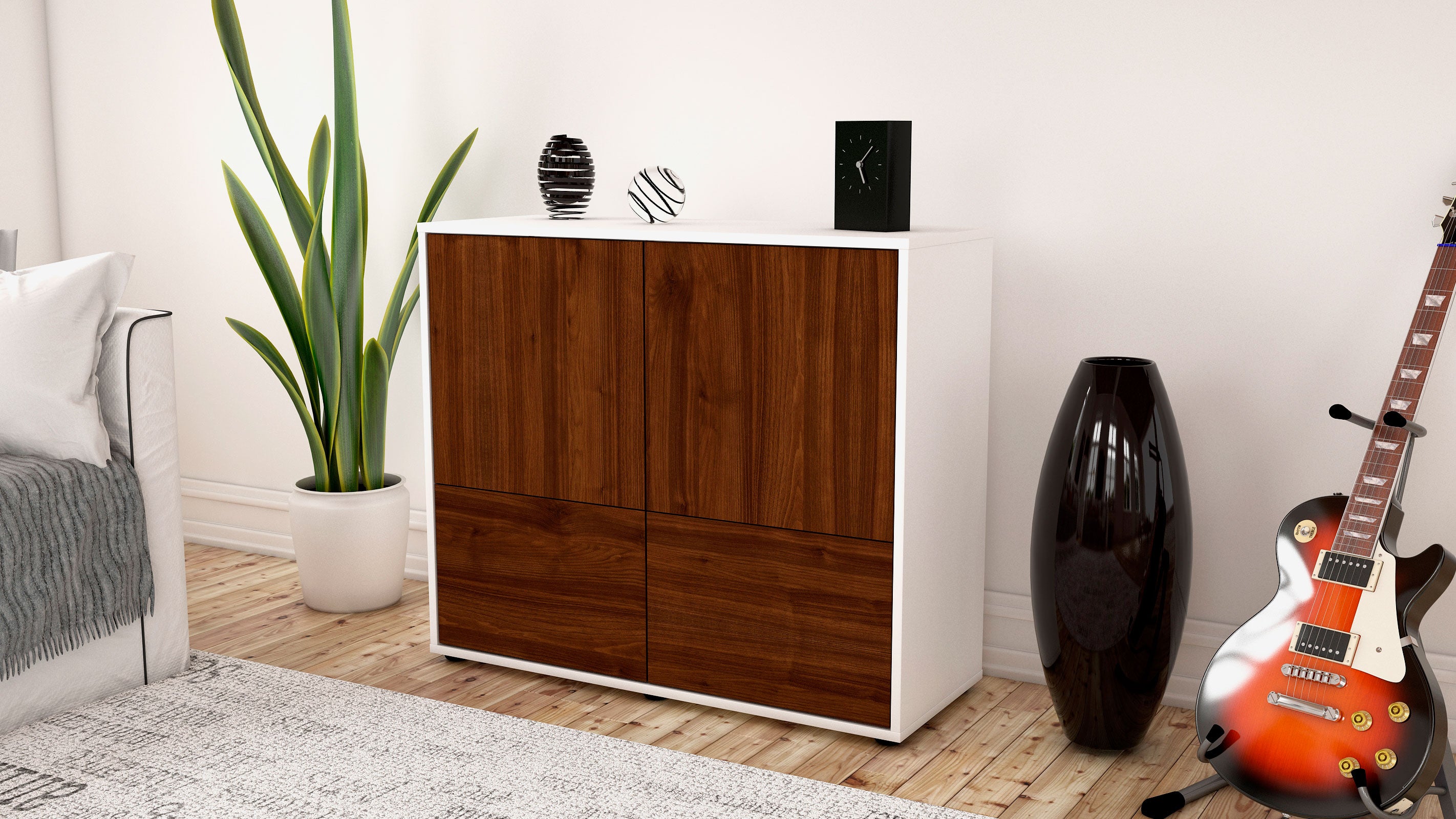 Sideboard - Cara - Design Holzdekor - Freistehend mit Push to open  92 cm Weiss