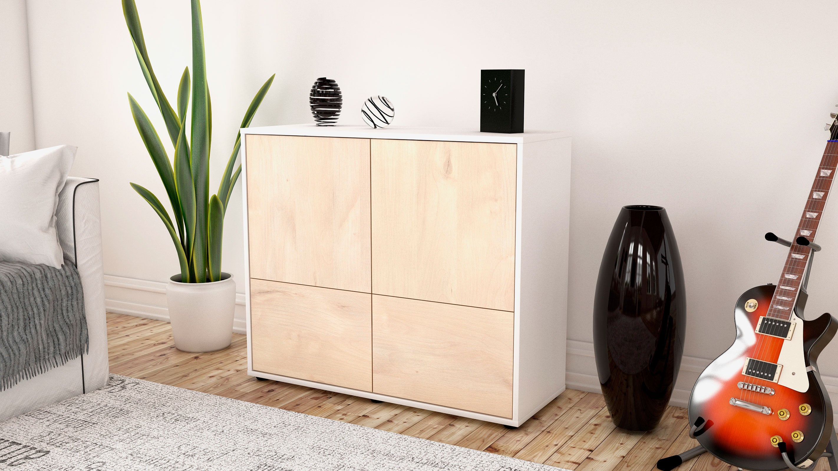 Sideboard - Cara - Design Holzdekor - Freistehend mit Push to open  92 cm Weiss